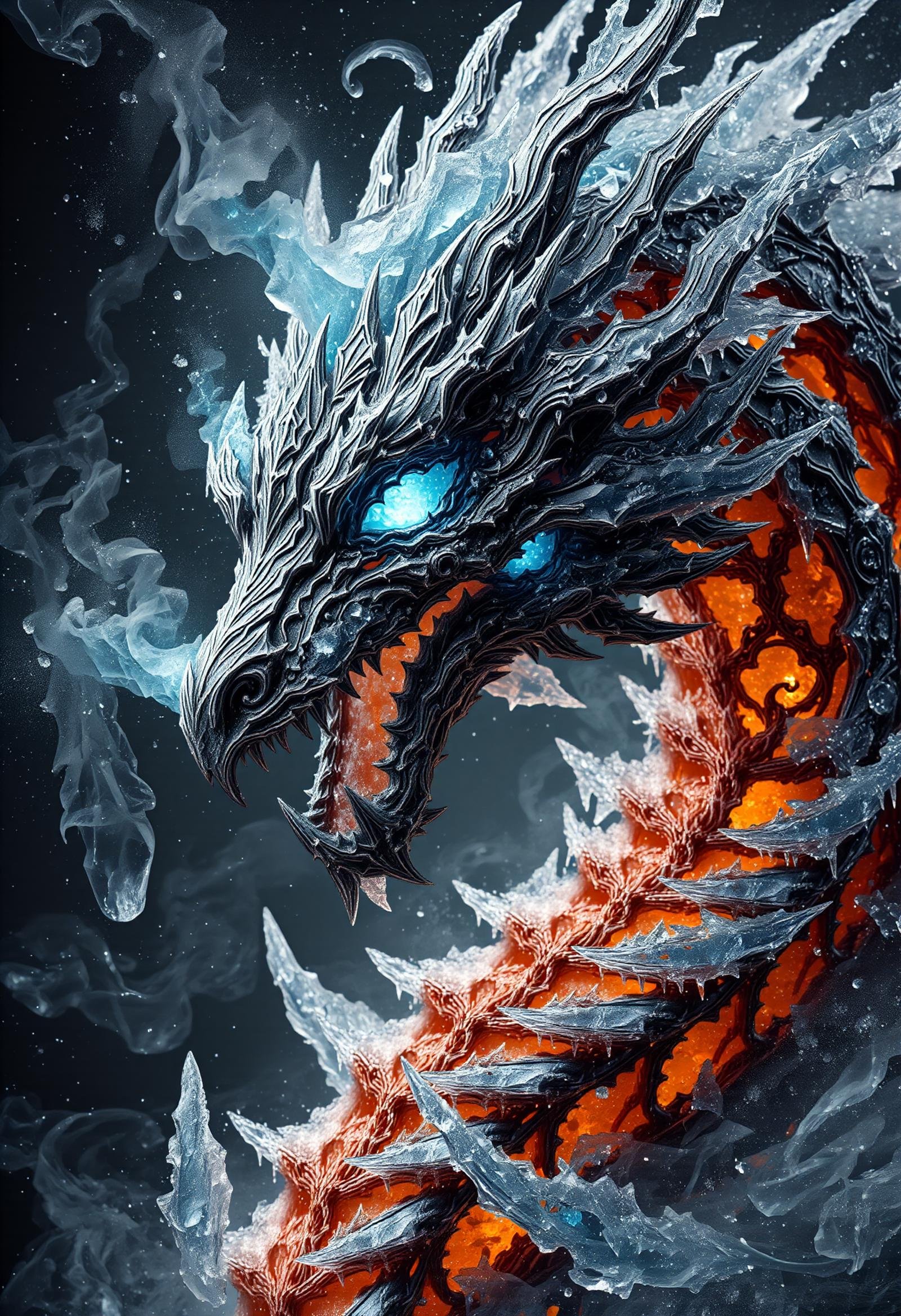 DonMGl00my1c3FX, black ice,  male mystic, illusion magic  dragon magic magnificent, fiery aura, shaped like a transluscent dragon head, shimmering, ancient runes, radiates heat and power, symphony of elemental fury, echoing wisdom and might, legendary