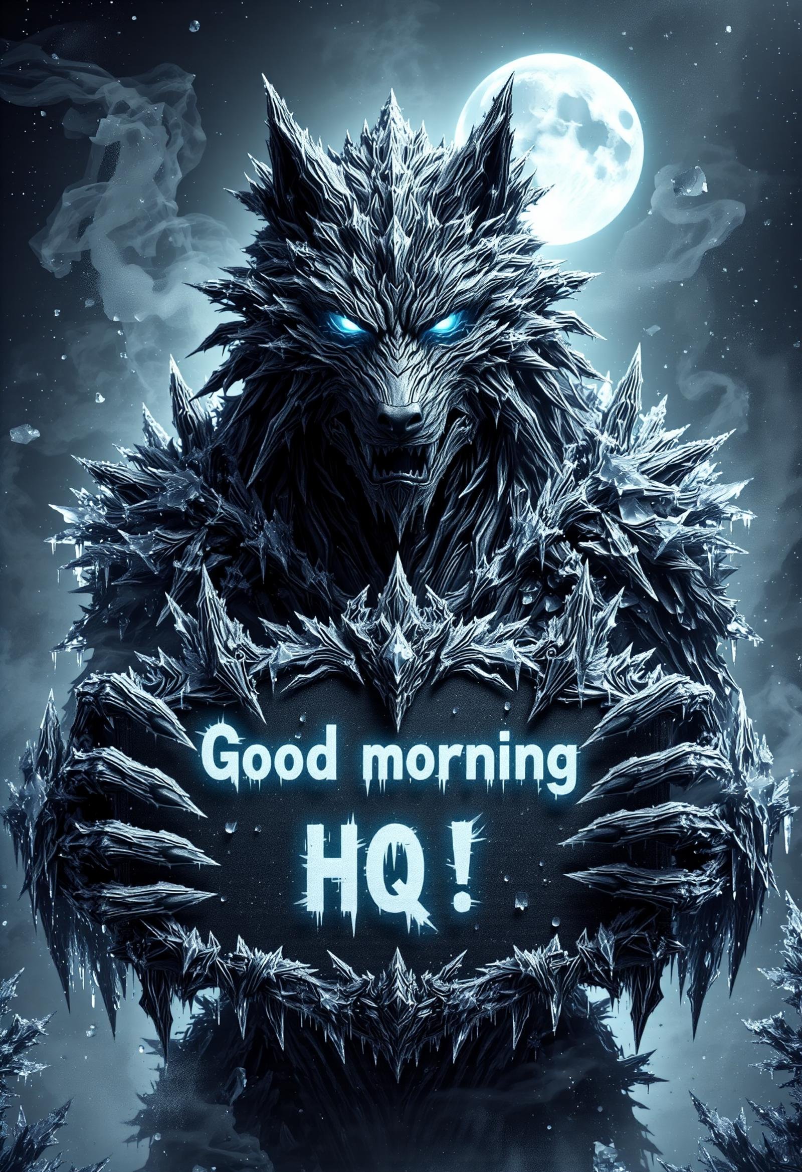 black ice, holding sign with text "Good morning HQ!"  werewolf, lycanthropes, mythical creature, humanoid wolf-like form, full moon, hairy furry skin, fangs, wolf ears, wolf-like face