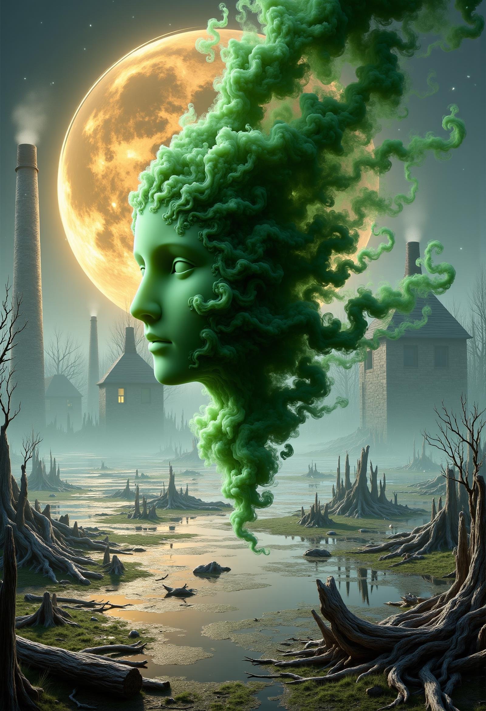 donmw15pFX floating wisp head made of emerald shadowy steam,   swamp,crescent moon phase,,chimney,mixed-use building, <lora:FLux\donmw15pFX-000009.safetensors:0.8>,