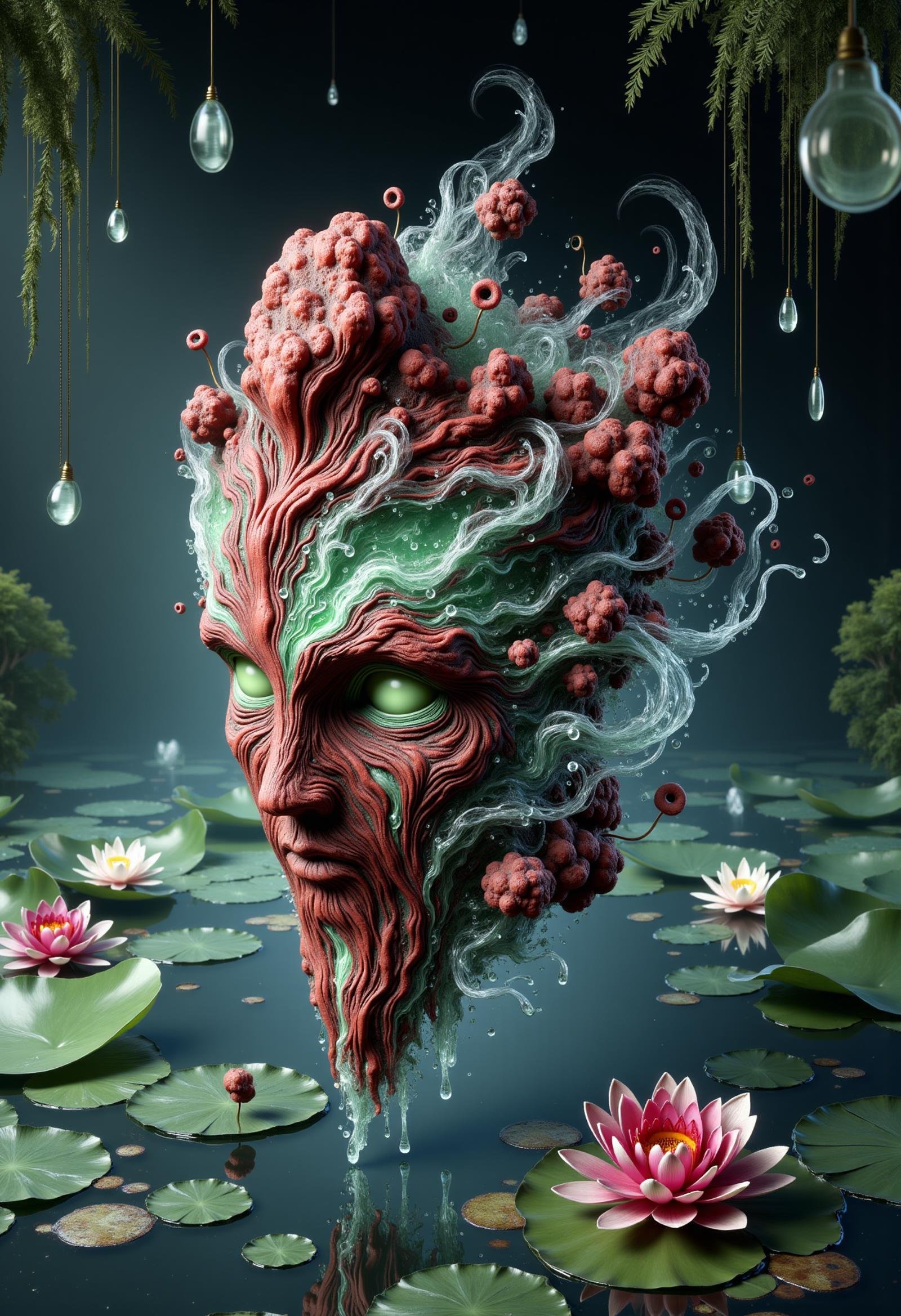 donmw15pFX floating wisp head made of red rocky orc,   jungle,water lily,,celestial bodies,dripstone, <lora:FLux\donmw15pFX-000009.safetensors:0.8>,