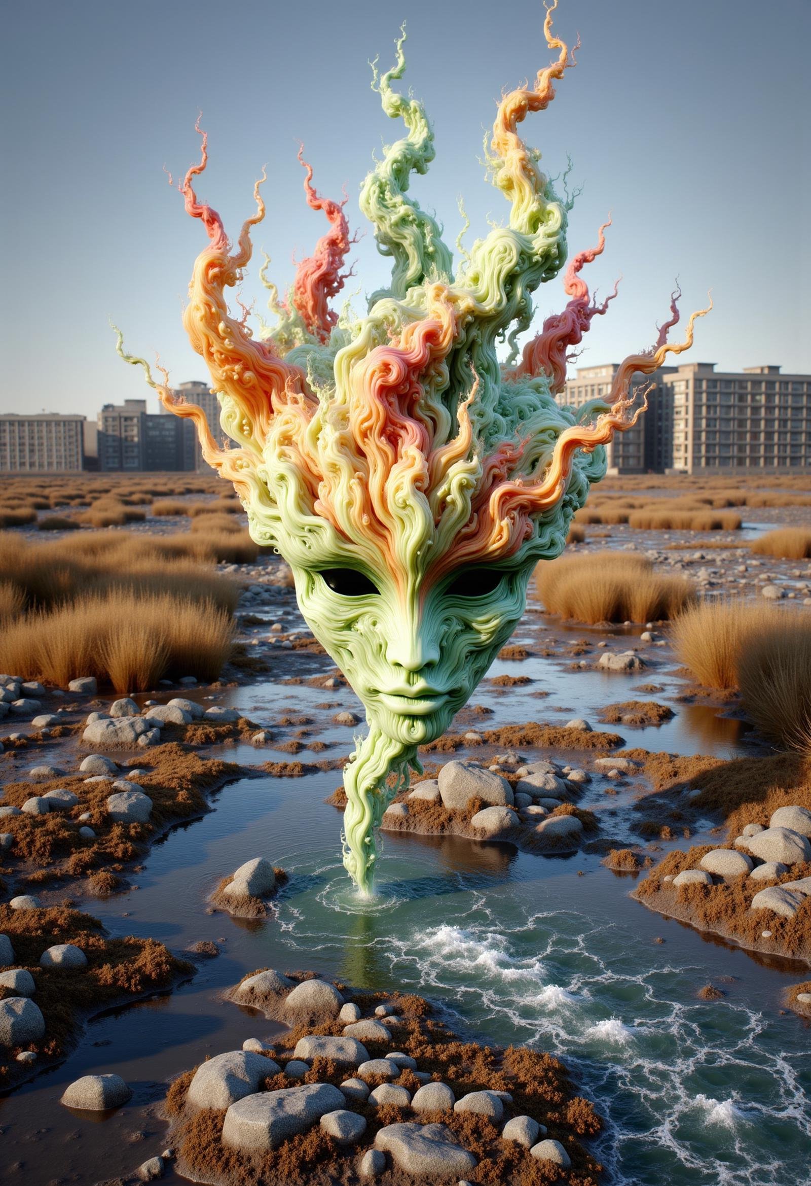 donmw15pFX floating wisp head made of multicolored geothermal orc,   urban landscape,wetland wildlife,,rimstone pool,stream, <lora:FLux\donmw15pFX-000009.safetensors:0.8>,