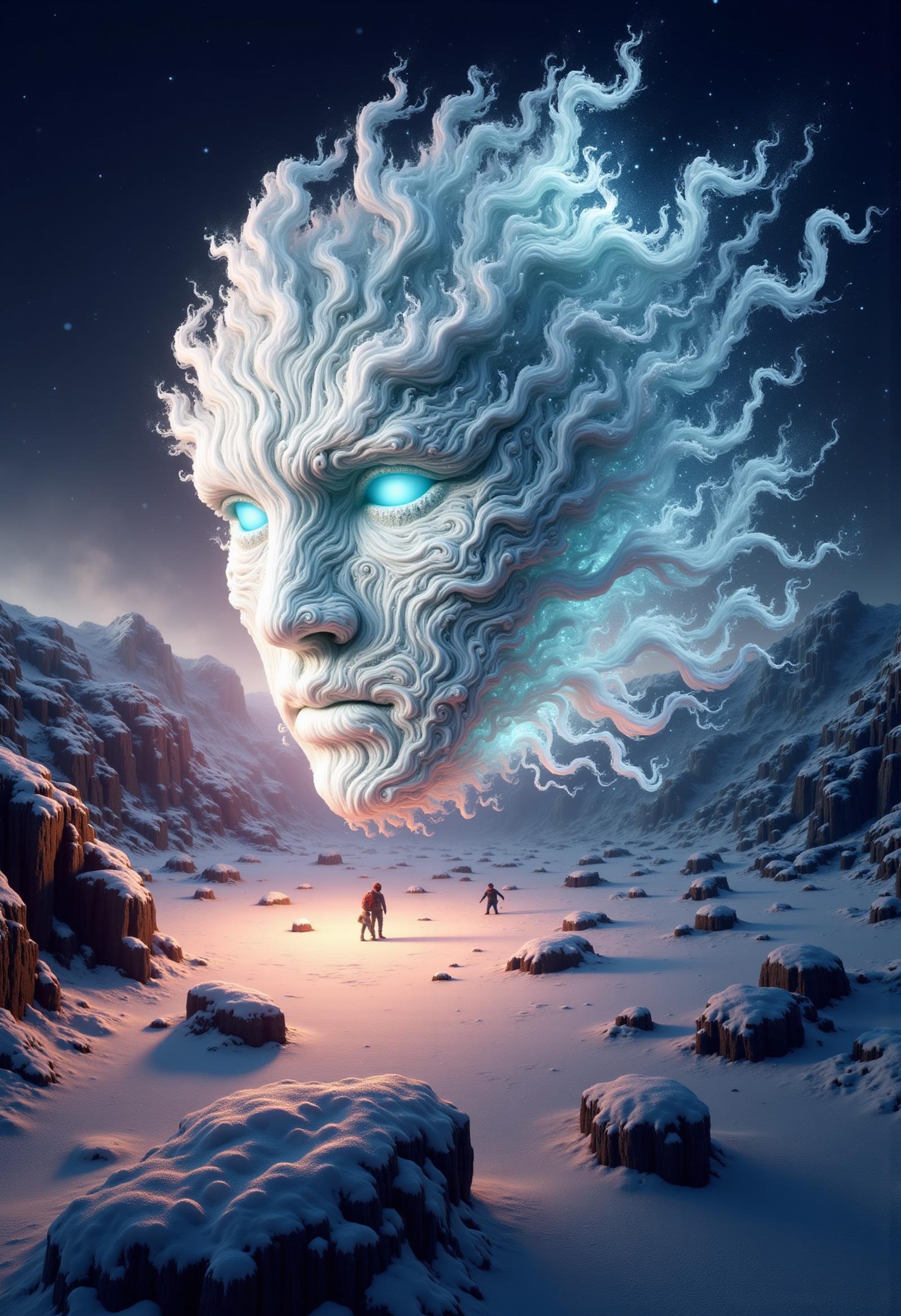 donmw15pFX floating wisp head made of flecked hydro troll,   oasis,snow-covered scene,,undertow,nocturnal creatures, <lora:FLux\donmw15pFX-000009.safetensors:0.8>,