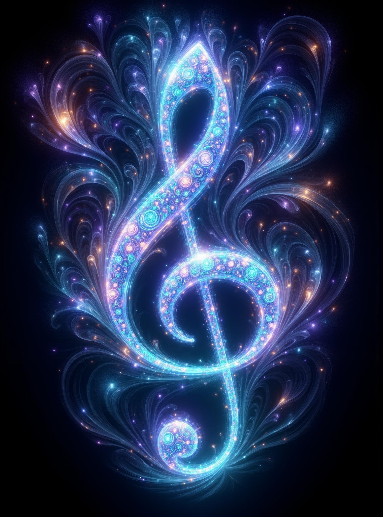 digital illustration, clef, dark background, swirling music, love, passion