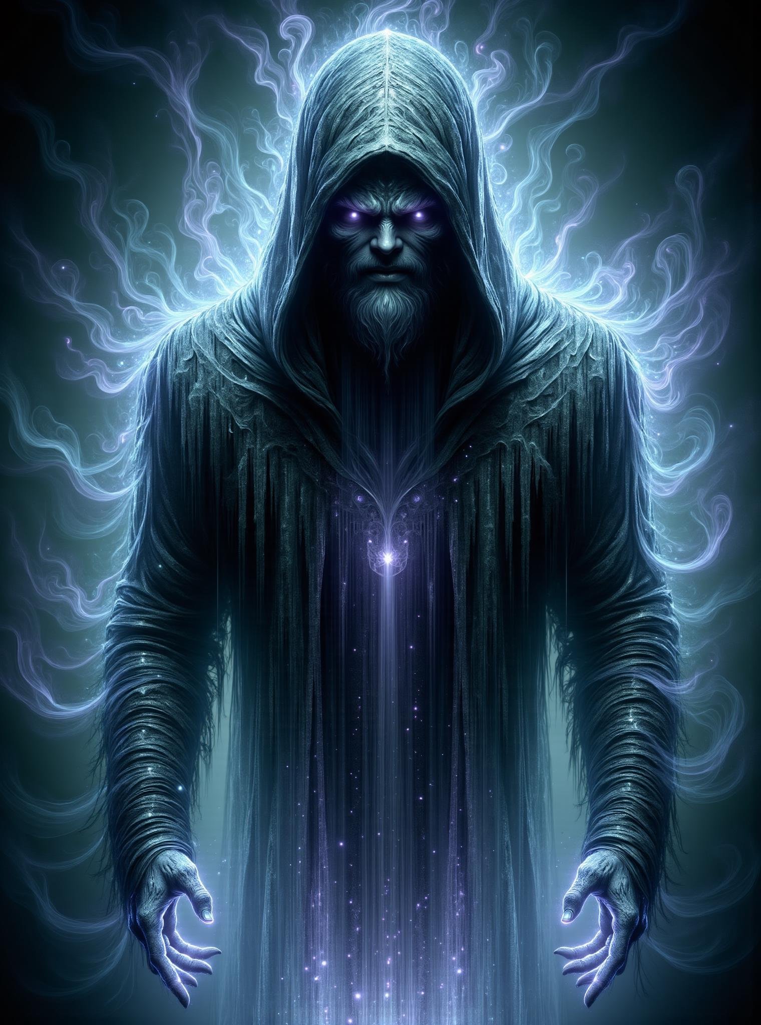 digital illustration,  chupacabra, dark hooded floating humanoid entity, cloaked in tattered hooded robes, ghostly diffuse lower body, face hidden under hood, no distinct features, drains happiness and positive emotions, cold despair inducing aura, soul sucking kiss, fear, despair, darkest aspects of magic