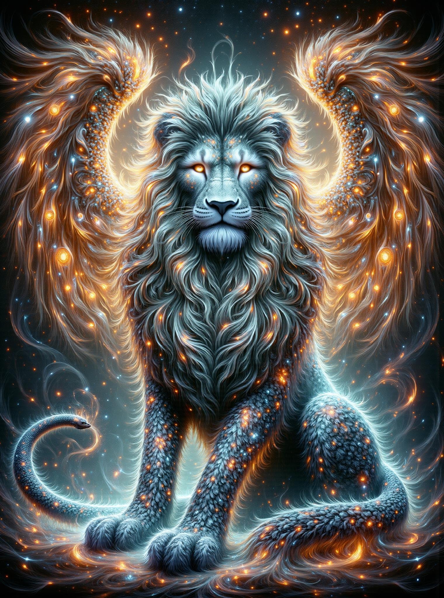 digital illustration,  sphinx, mythical majestic creature, lion body, female human head, wings, regal imposing posture,  serpent tail, enigmatic wise expression, guardian of mysteries and knowledge symbol of wisdom and enigma