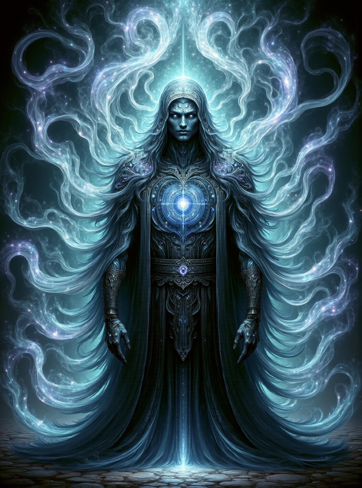 digital illustration,  wraith, Sorcerer in Mapuche mythology,  powerful dark magic, malevolent, summoning spirits,  deeply feared, respected