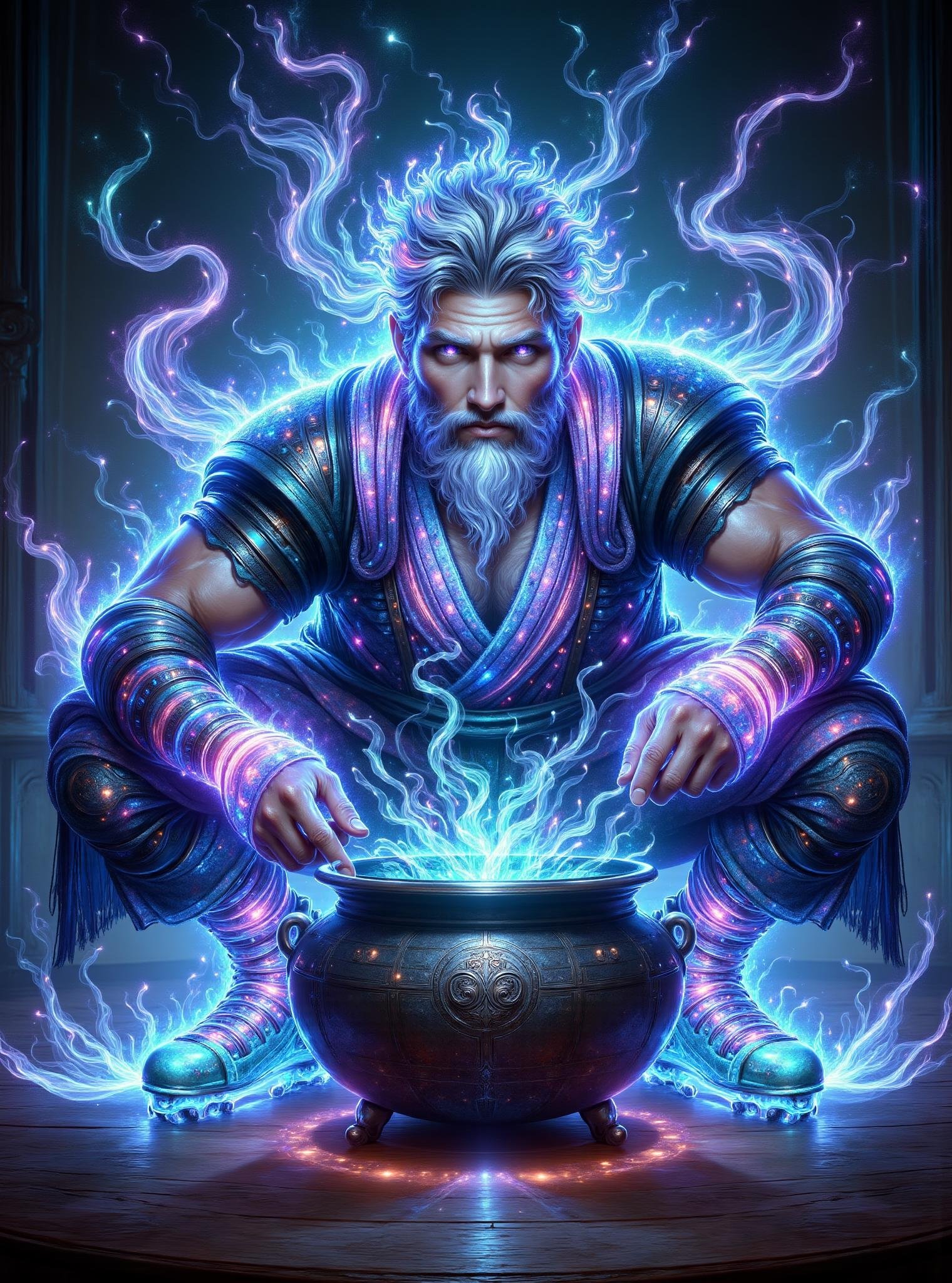 digital illustration,  male battle mage,  middle-aged lean, greek, violet eyes,  fleshy nose,  v-shaped jaw, high cheekbones, symmetrical forehead, pear face shape,   wrinkles, silver curly undercut hair, guilt, ready for action, character crouches with legs bent, ready to spring into action,  wearing digital hologram pattern    ar nano-cloth techno-ninja hakama,  augmented reality blouse, electroluminescent roller blades,       , mixing potions in a cauldron, concocting potent elixirs, biopunk