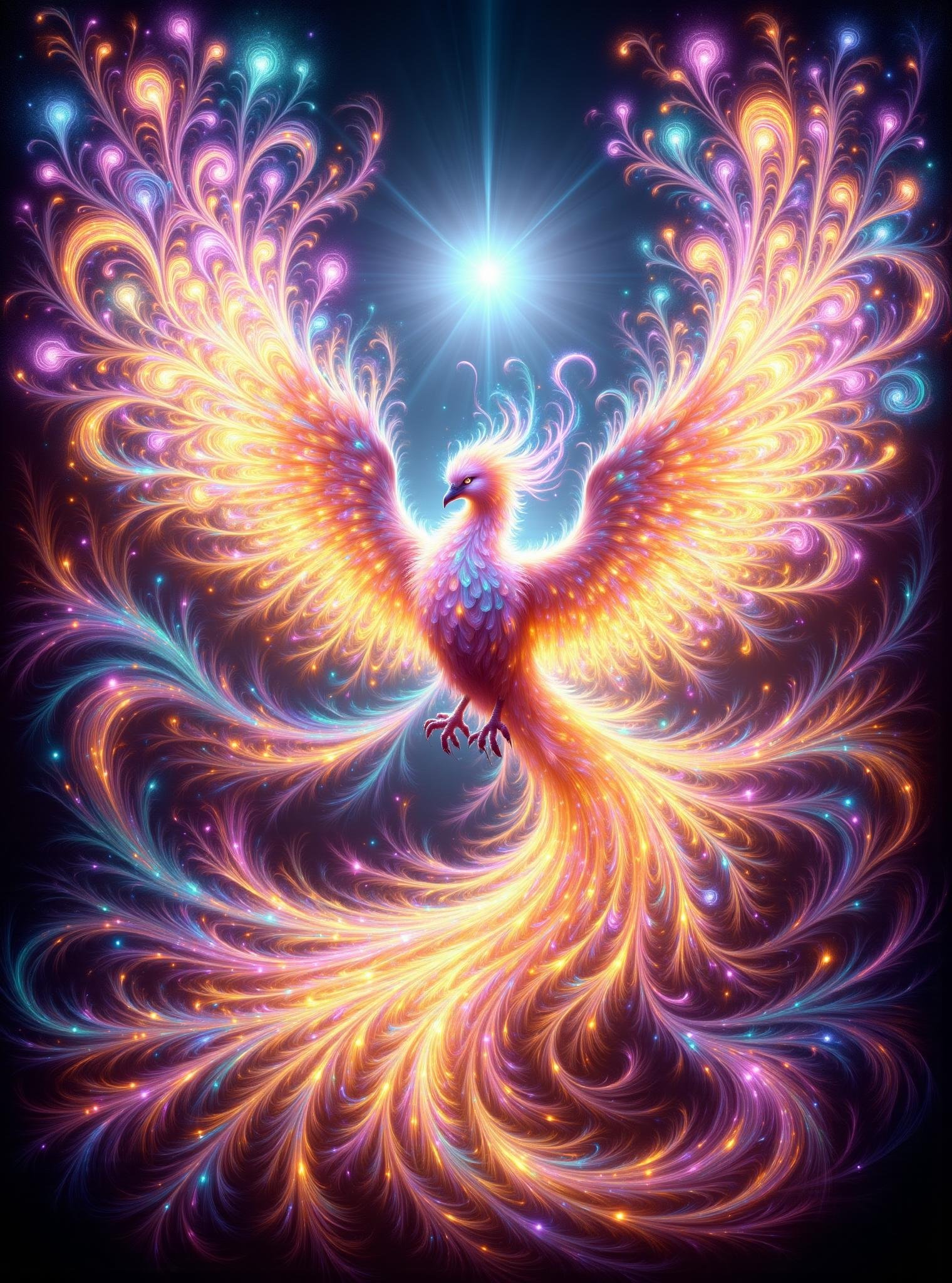 digital illustration,  phoenix, mythical powerful bird, in flames, vibrant colors,, large and majestic wings long flowing tail feathers, resplendent radiant plumage immortality, renewal, rebirth, sun and fire