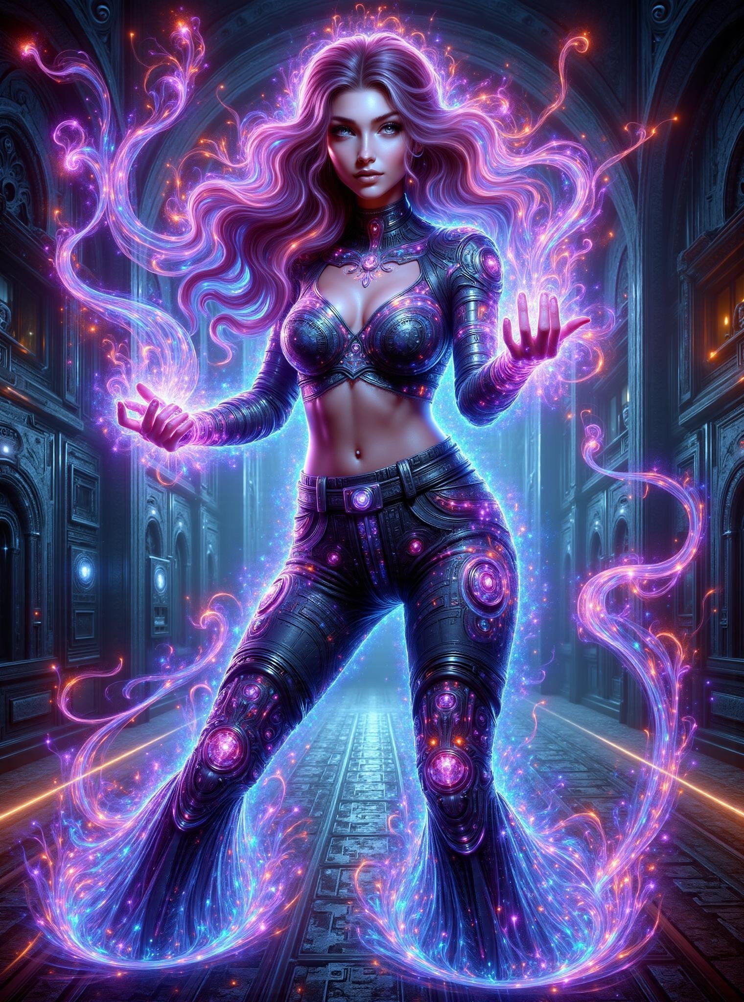 digital illustration,  female spellcaster,  senior, balanced, pacific islander, amber eyes,  snub nose,   soft cheeks, uneven forehead, pear face shape,     , burgundy slicked-back hair hair, curiosity, elegant turn, character turns with a graceful spin, showcasing fluid body movement,  wearing cybernetic pixel pattern augmented reality capris,  quantum-vinyl bell bottoms,   , dodging an opponent's attack, poised for a retaliatory strike, cyberpunk neon, high-security vaults protecting valuable corporate assets, cyber-noir