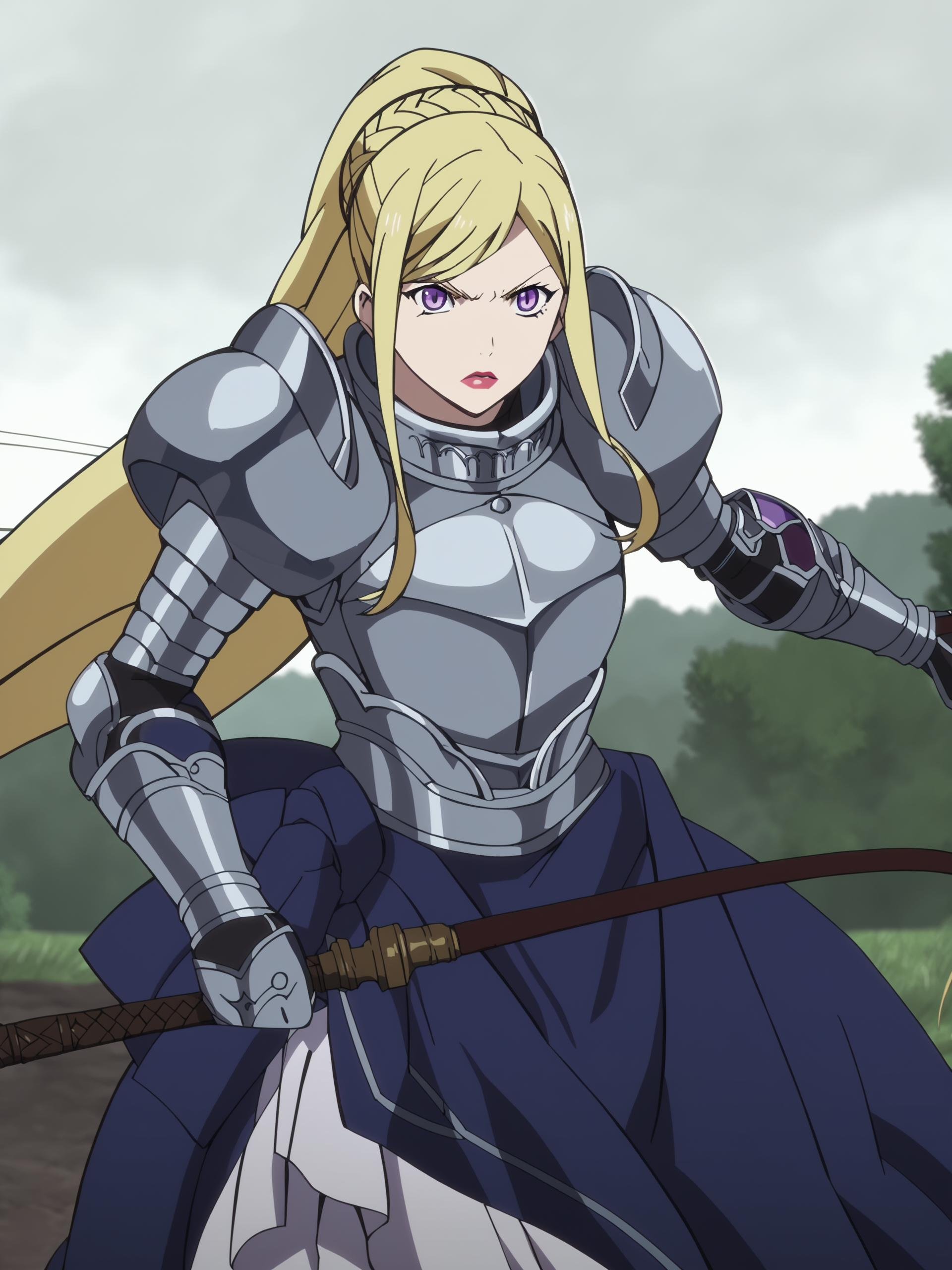 score_9, score_8_up, score_7_up, source_anime,anime screencap,anime coloring, official style, on a battlefield,<lora:Bishamon:1>solo woman, Bishamon, blonde hair, long hair, purple eyes, large breasts, lipstick,armored dress, breastplate, gauntlets, ponytail, braid, sword, attacking,