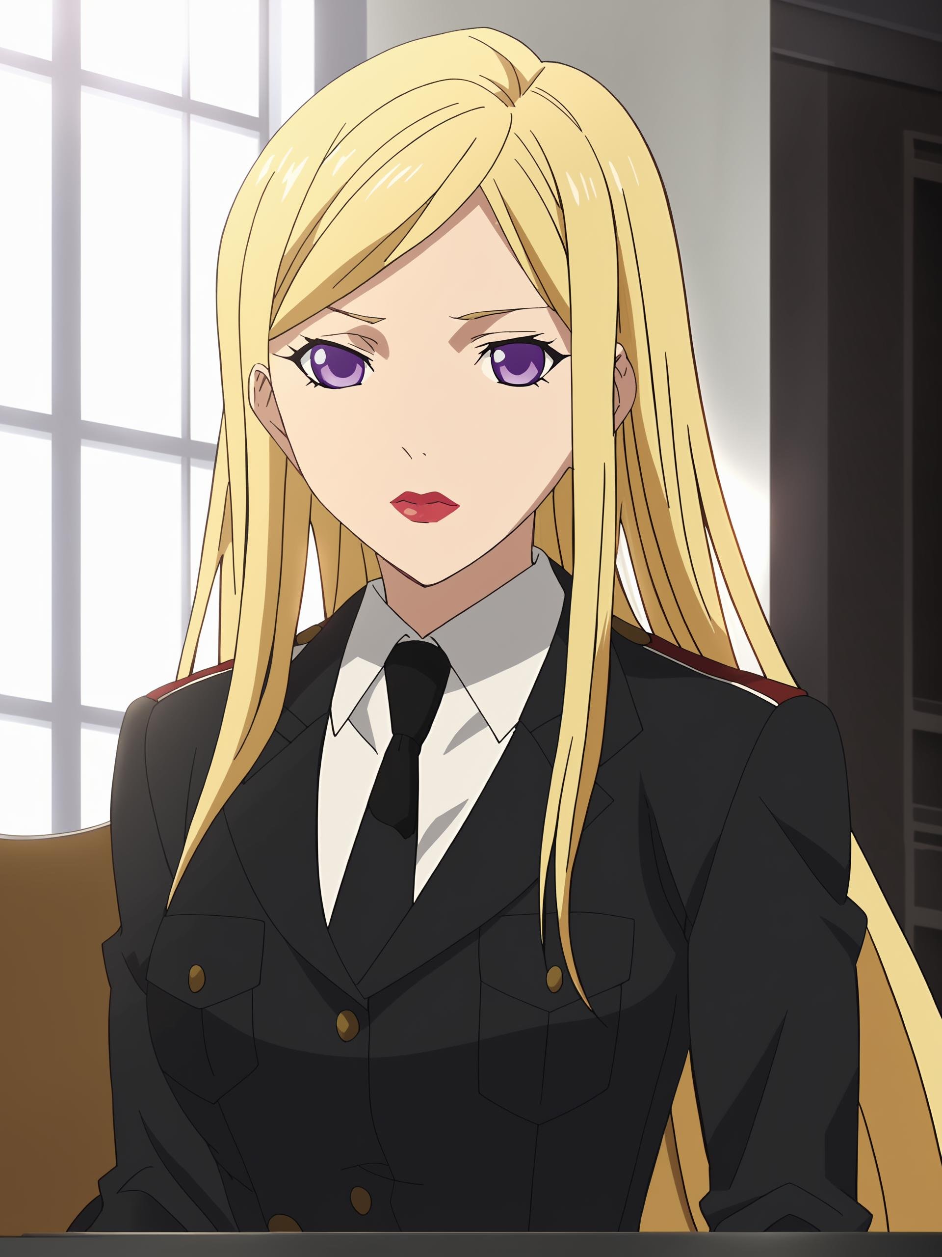 score_9, score_8_up, score_7_up, source_anime,anime screencap,anime coloring, official style, inside an office, sitting at a desk,<lora:Bishamon:1>solo woman, Bishamon, blonde hair, long hair, purple eyes, large breasts, lipstick,military uniform, black necktie, looking at the viewer,