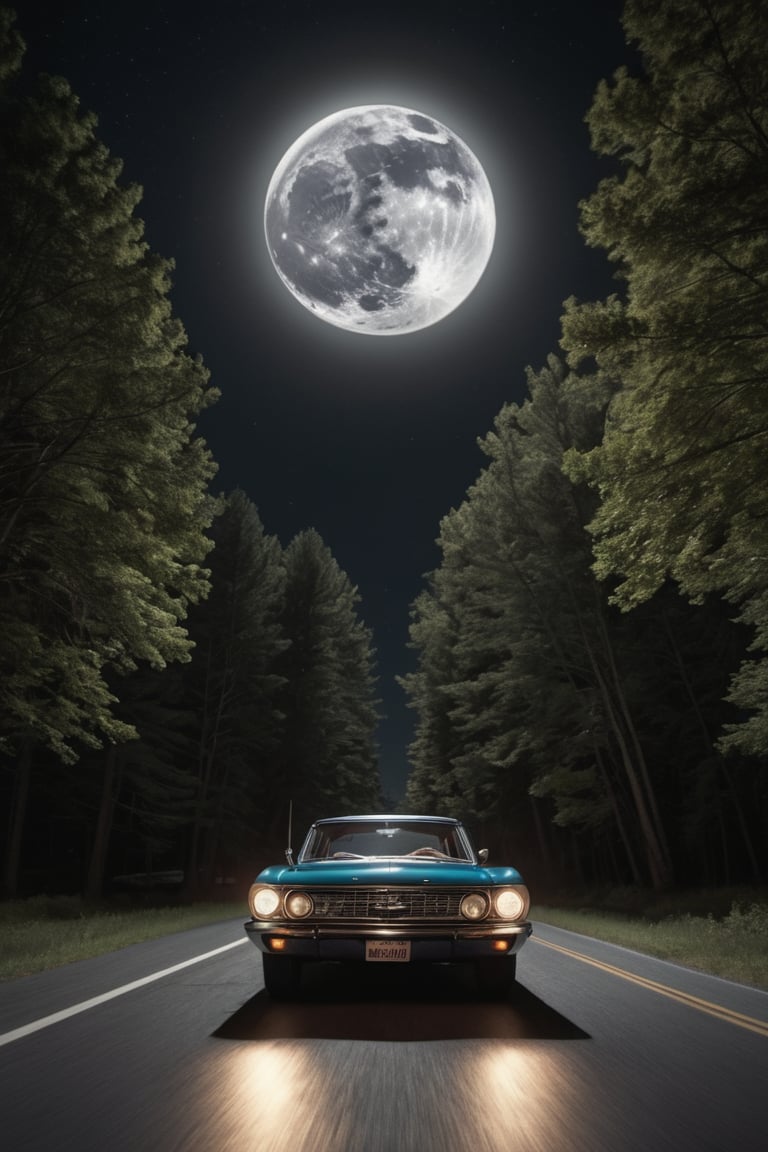 hyper detailed photograph of an old retro 60's car driving underneath a huge detailed full circular moon, stars in sky, nighttime,|photographic, realism pushed to extreme, fine texture, incredibly lifelike, cinematic, large format camera, photo realism, DSLR, 8k uhd, hdr, ultra-detailed, high quality, high contrast