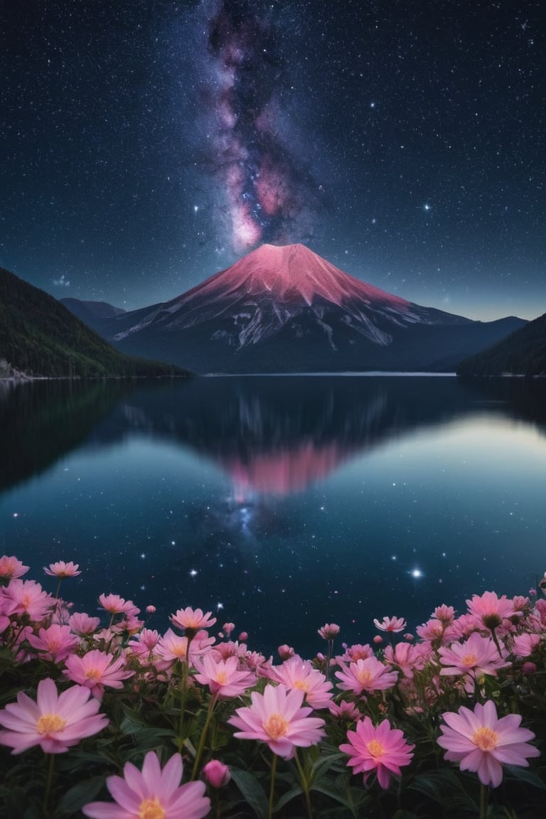 a lake with a mountain in the background and a night sky filled with stars above it and a few pink flowers in the foreground, | space art, Arthur Pan, night sky, subdued lighting, a microscopic photo