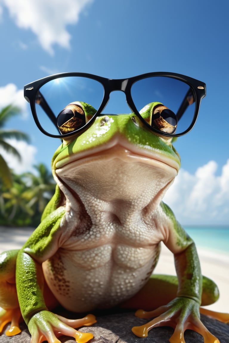 hyper detailed photograph of a frog wearing sunglasses under a tropical sky, daytime,|photographic, realism pushed to extreme, fine texture, incredibly lifelike, cinematic, large format camera, photo realism, DSLR, 8k uhd, hdr, ultra-detailed, high quality, high contrast