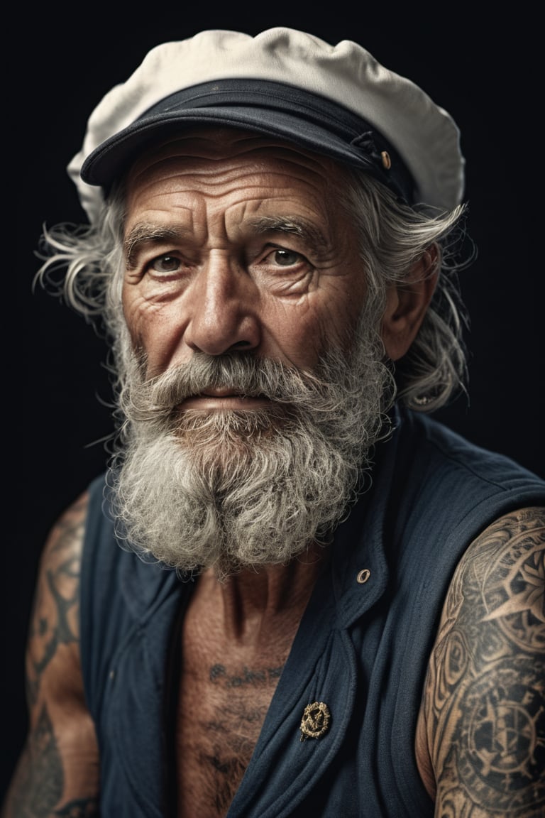 Hyper detailed photograph of a captivating portrait of a wise and weathered old sailor, adorned with nautical tattoos and a rugged expression that tells tales of countless voyages, (looking at viewer:1.2), (sharp focus, hyper detailed, highly intricate:1.20), (natural lighting:1.2), Extremely high-resolution details, photographic, realism pushed to extreme, fine texture, incredibly lifelike, cinematic, 35mm film, 35mm photography, film, photo realism, DSLR, 8k uhd, hdr, ultra-detailed, high quality, high contrast