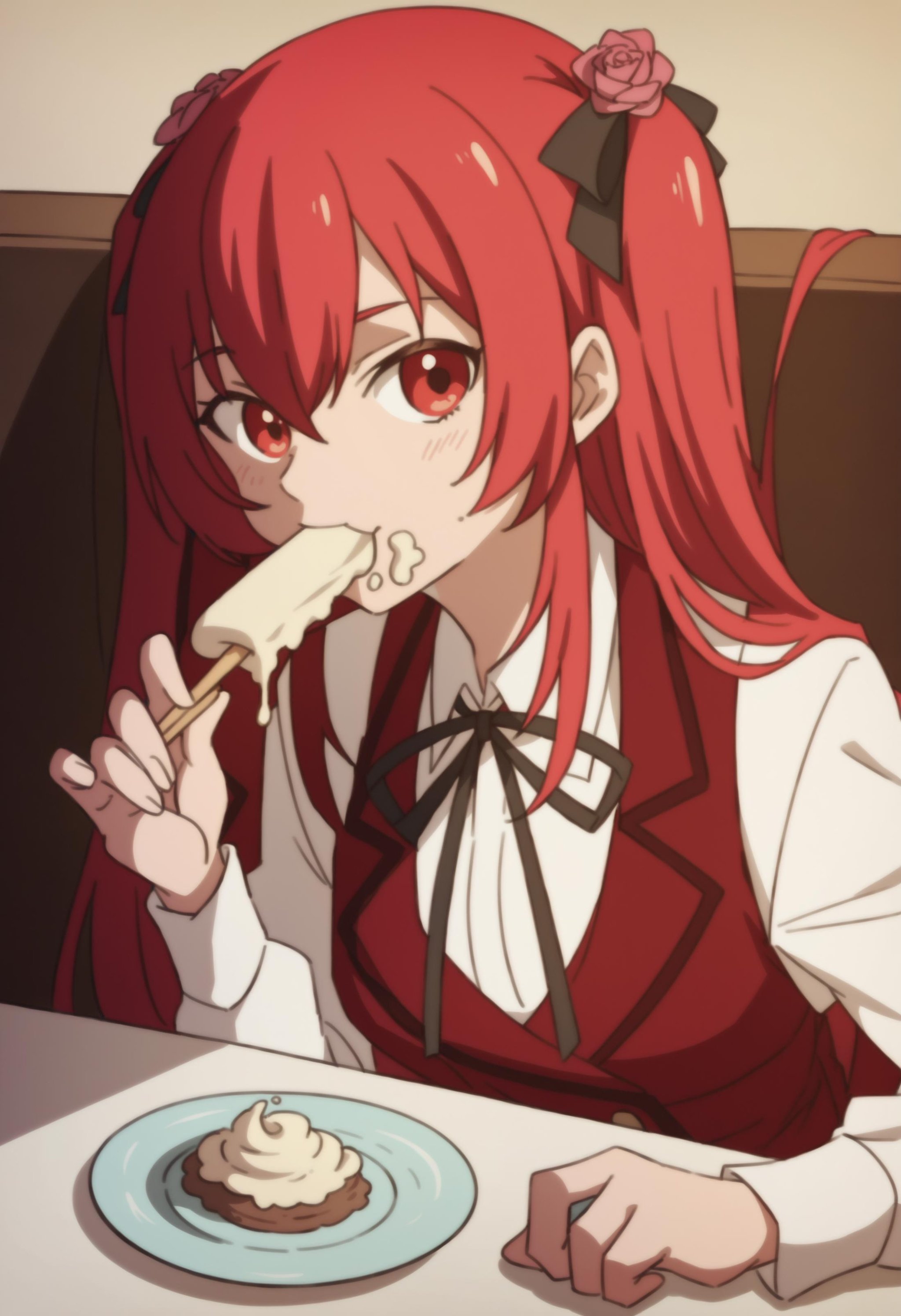 score_9, score_8_up, score_7_up, score_6_up, source_anime, anime coloring, <lora:Amelia_Rose:0.9> amelia_rose,  red hair, red eyes, school uniform, white thighhighs  BREAK (seated in a restaurant), eating ice cream