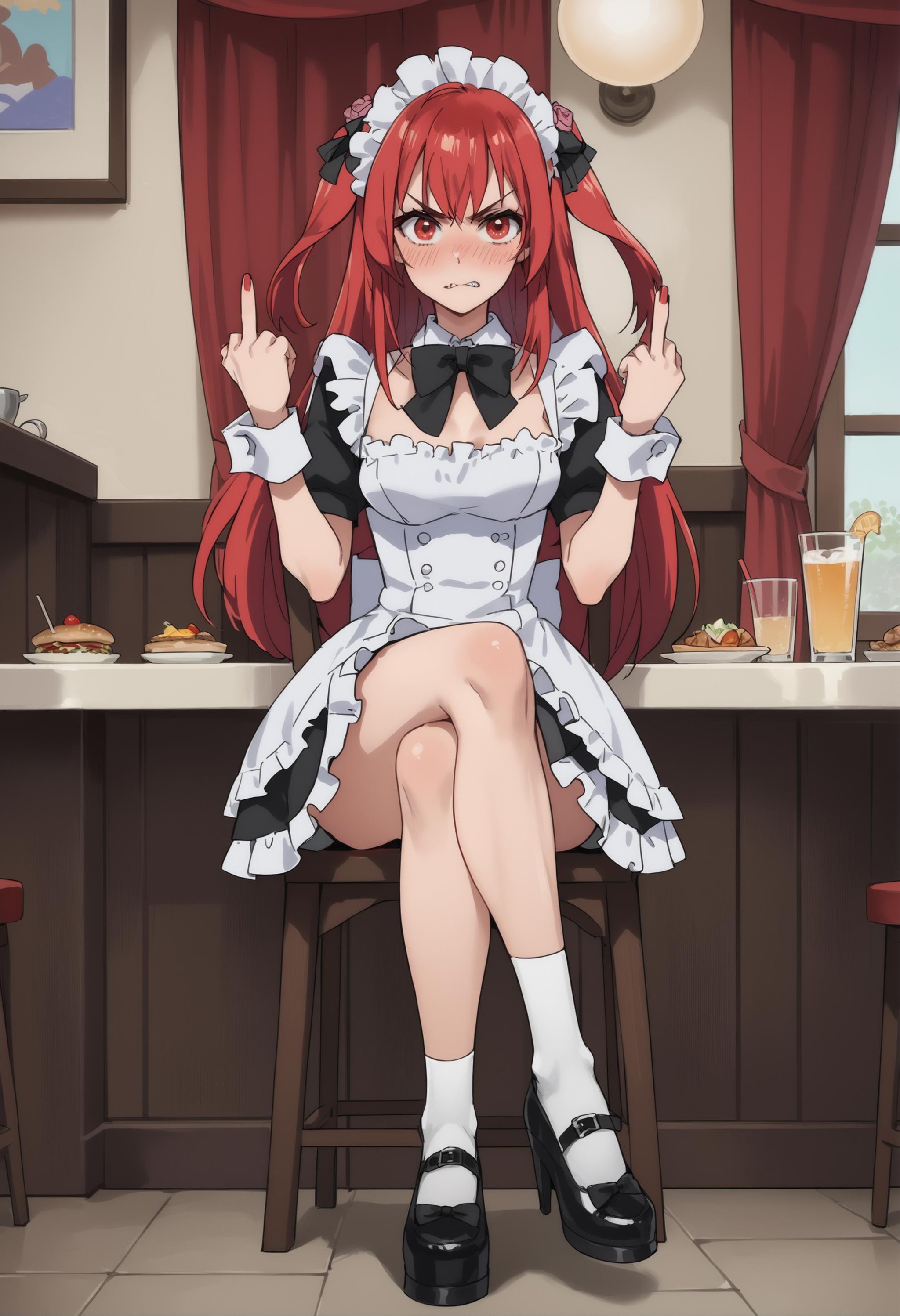 score_9, score_8_up, score_7_up, score_6_up, source_anime, anime coloring,full body, <lora:Amelia_Rose:1> amelia_rose, red hair, red eyes, maid, painted nails, blushing, middle finger, middle finger BREAK in a restaurant, (crossed legs)