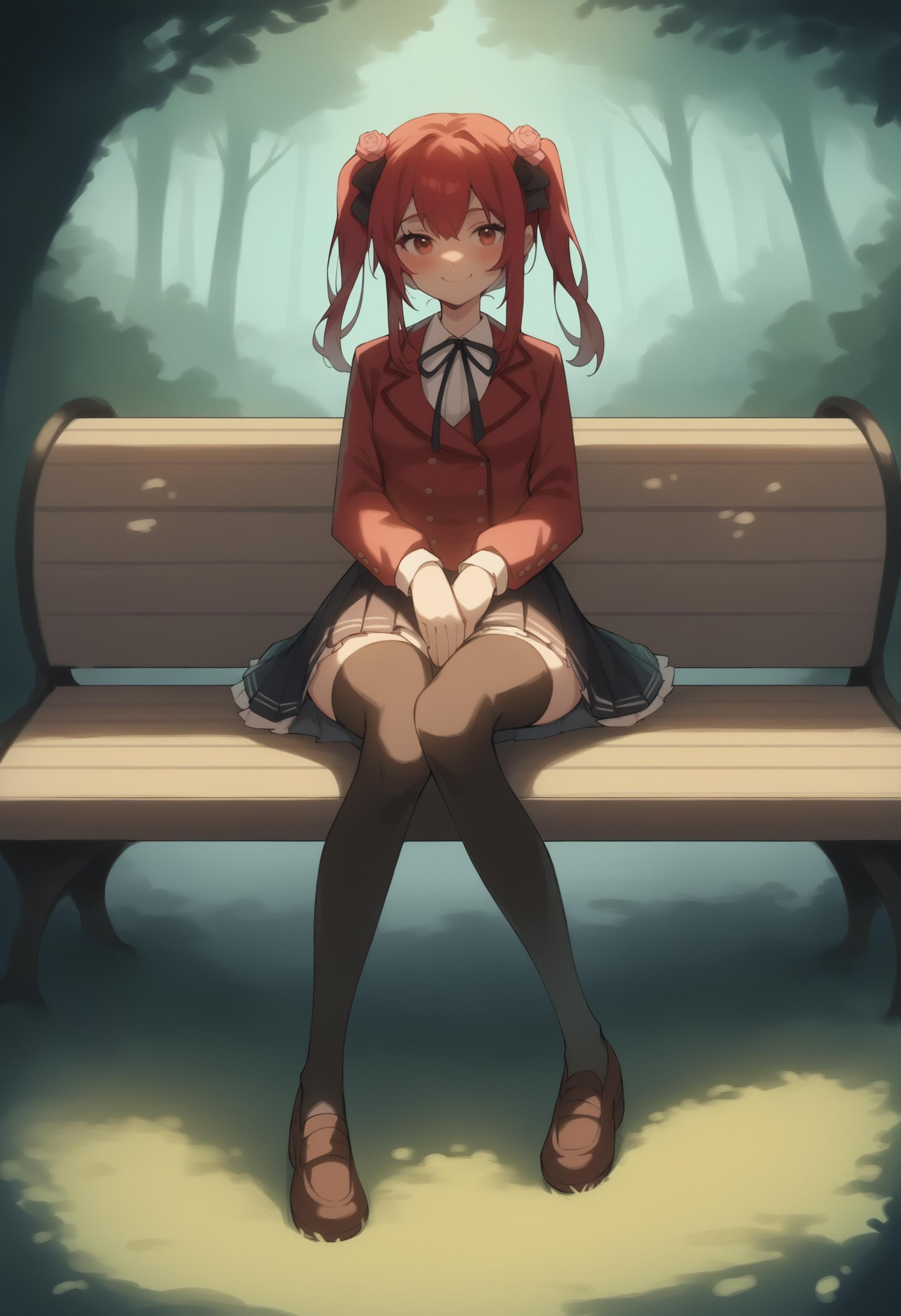 score_9, score_8_up, score_7_up, score_6_up, source_anime, full body <lora:Amelia_Rose:0.8> amelia_rose,  red hair, uniform, thighhighs, smile, blushing, seated in a bench, in a park, rainforest, rating_explicit