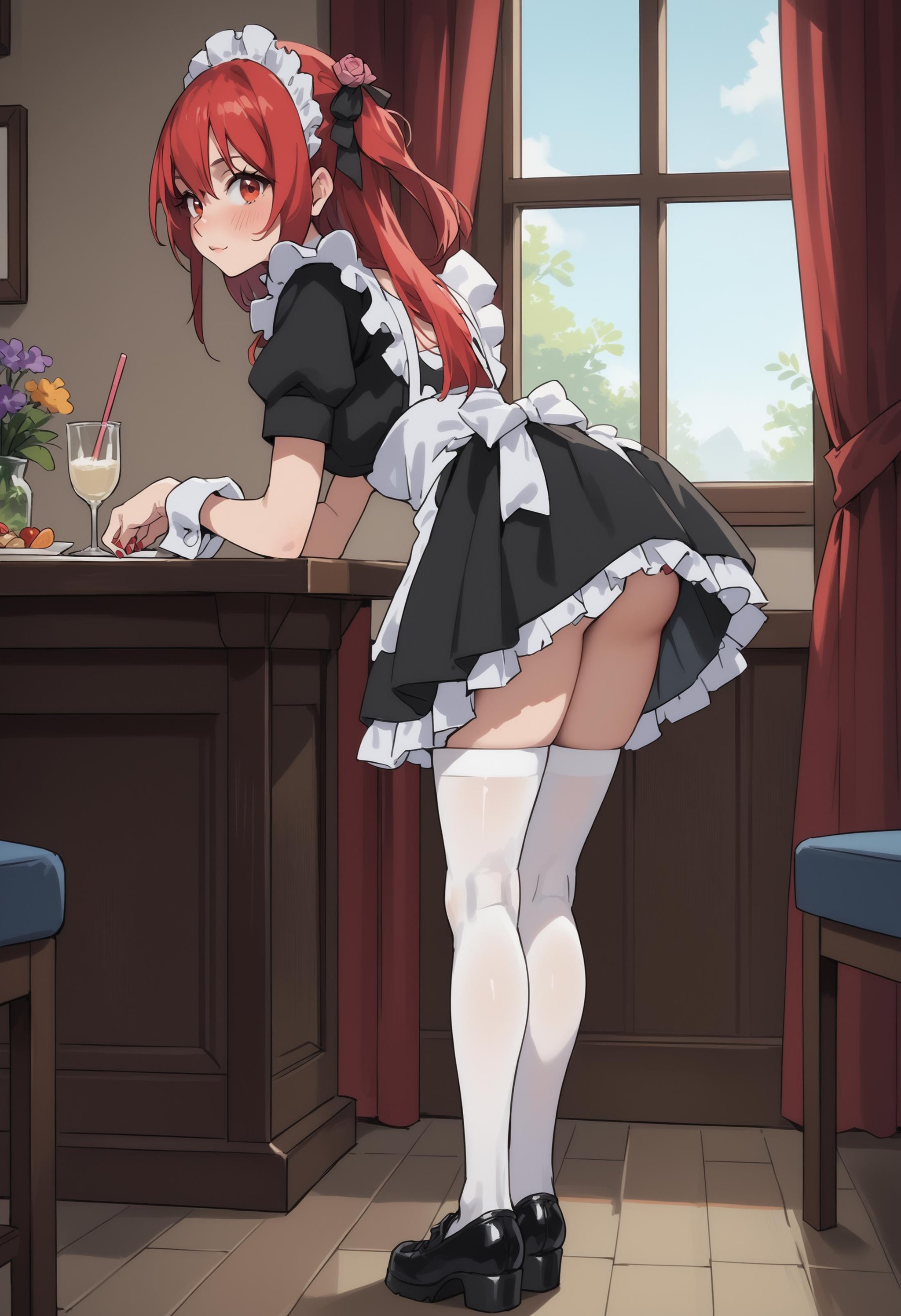 score_9, score_8_up, score_7_up, score_6_up, source_anime, anime coloring, full body, (seen from behind), side view <lora:Amelia_Rose:1> amelia_rose, red hair, red eyes, maid,  white thighhighs, painted nails, blushing BREAK in a restaurant