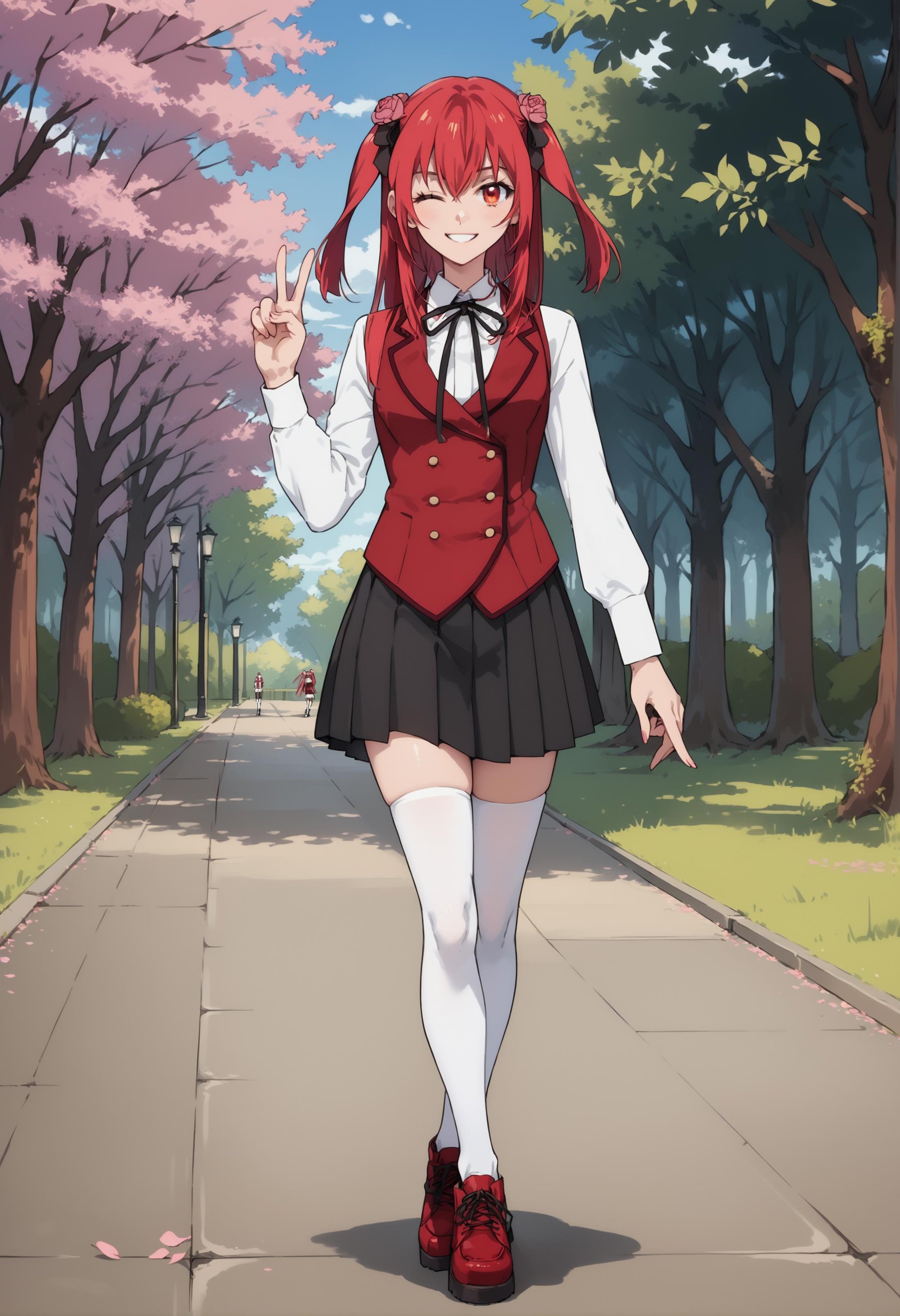 score_9, score_8_up, score_7_up, score_6_up, source_anime, anime coloring, smile, full body, <lora:Amelia_Rose:1> amelia_rose, red hair, red eyes, school uniform, white thighhighs, (making a peace sign), blinking eye BREAK standing, walking in a park 