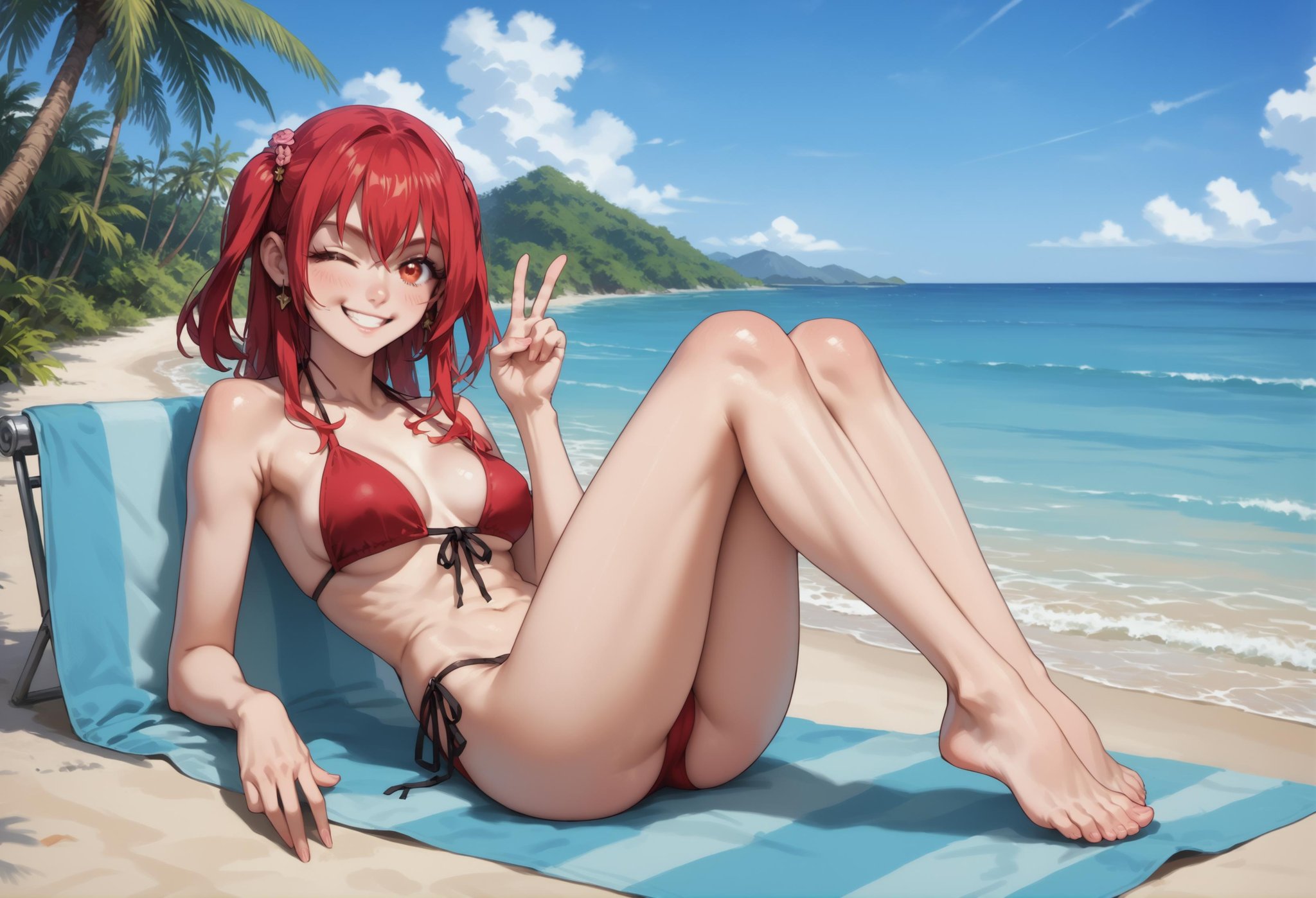 score_9, score_8_up, score_7_up, score_6_up, source_anime, anime coloring, smile, full body, <lora:Amelia_Rose:1> amelia_rose, red hair, red eyes, wearing a bikini, (making a peace sign, blinking eye) BREAK seated in a beach towel, in a beach