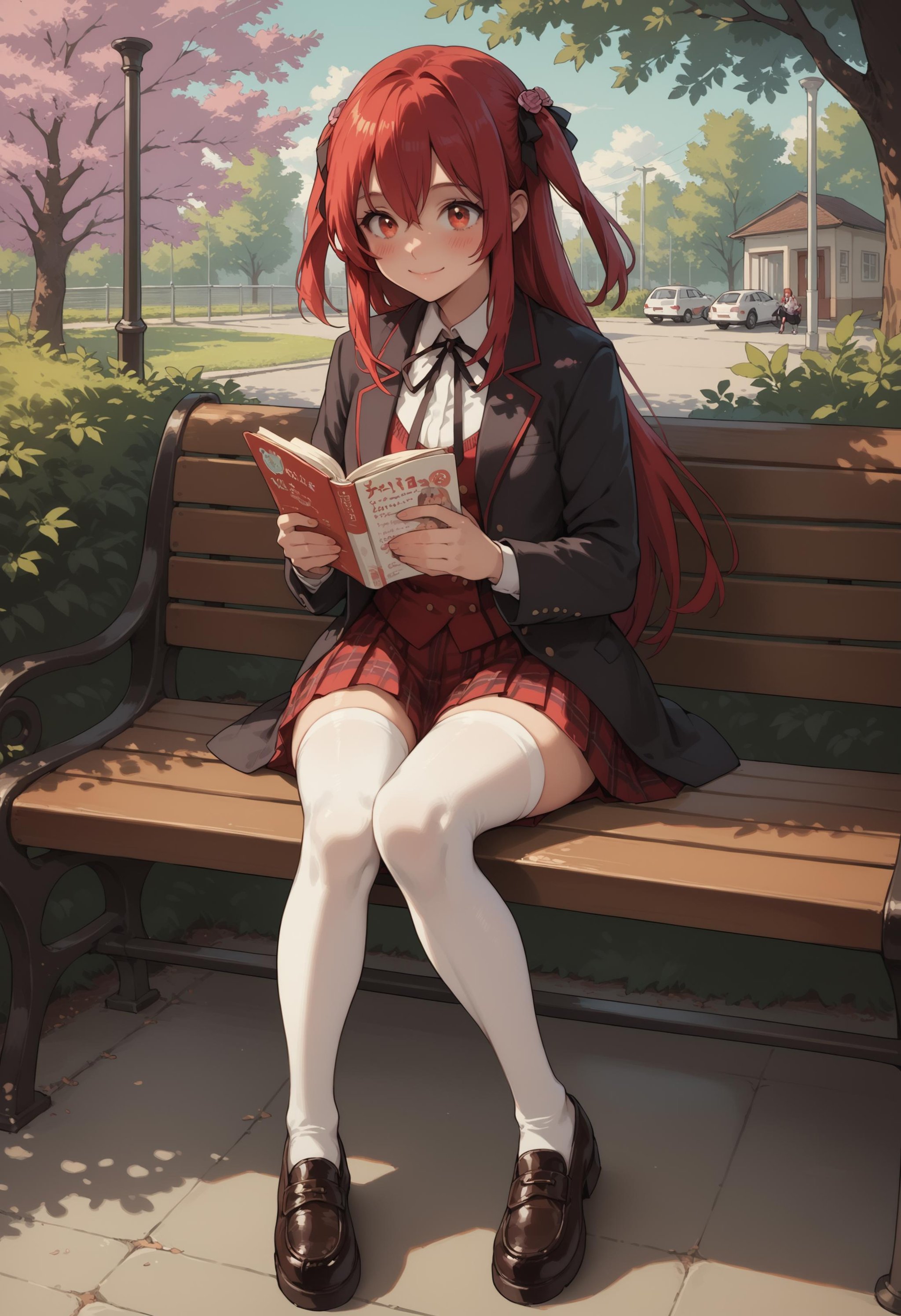 score_9, score_8_up, score_7_up, score_6_up, source_anime, anime coloring, full body <lora:Amelia_Rose:0.8> amelia_rose,  red hair, red eyes, school uniform, white thighhighs, smile, blushing, seated in a yard bench, reading a book, trees