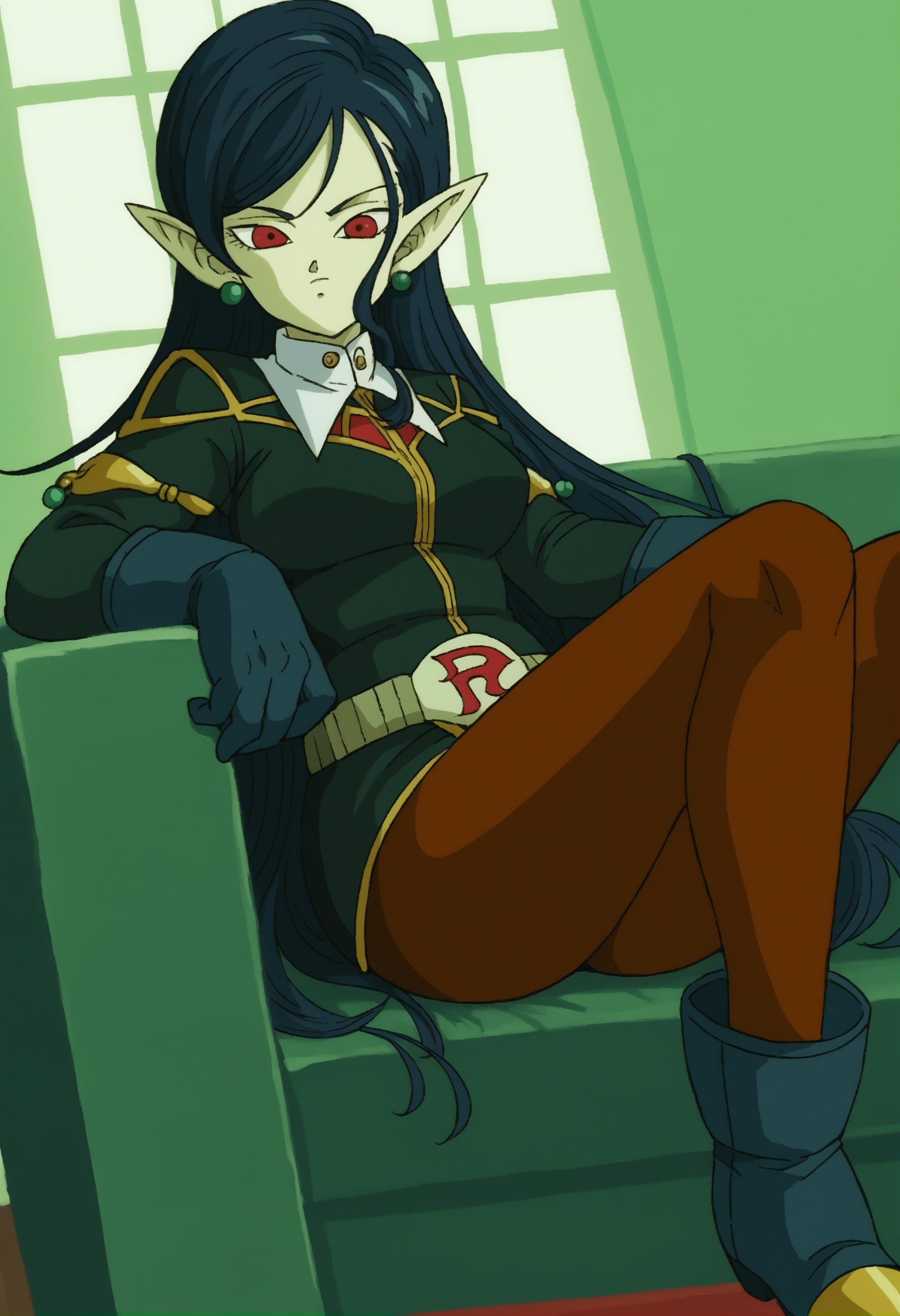 score_9, score_8_up, score_7_up, score_6_up, source_anime, anime, seated in a couch, dutch angle,1girl <lora:Robelu:0.9> robelu, pointy ears, black hair, green skin color, colored skin, jewelry, red eyes, pantyhose, uniform, long hair, gloves, earrings BREAK <lora:DragonBallSeason1_v3:0.7>, drgbls1, Anime Style, Manga Style, Hand drawn, cinematic, Sharp focus, humorous illustration, big depth of field, Masterpiece, concept art, Vivid colors,  Intricate, Vibrant colors, Soft Shading, Simplistic Features, Sharp Angles