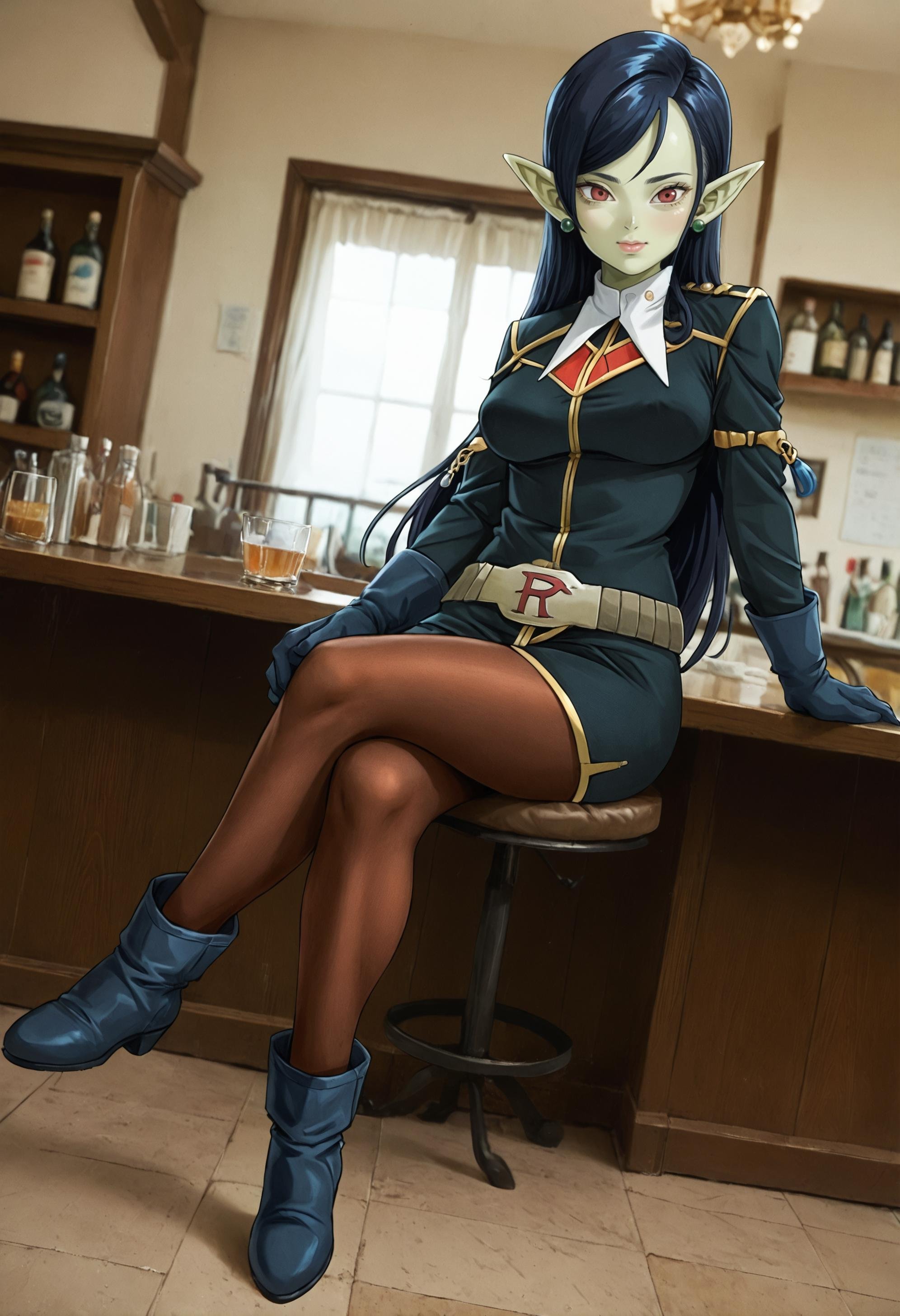 score_9, score_8_up, score_7_up, score_6_up, source_anime, (seated), in a bar, (crossed legs), full body, 1girl, (green skin:1.2), dutch angle, side view <lora:Robelu:0.9> robelu, pointy ears,colored skin, black hair, red eyes, pantyhose, uniform, 1girl, long hair, gloves, earrings BREAK  happy, shy, Intricate