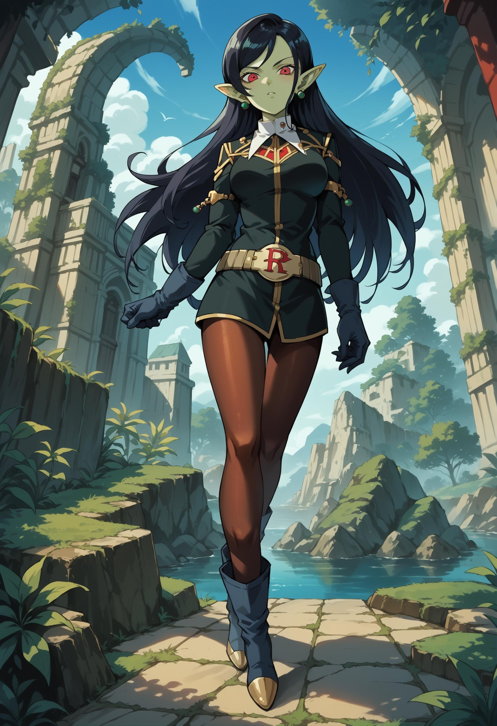 score_9, score_8_up, score_7_up, score_6_up, source_anime, anime,  in a forest, 1girl <lora:Robelu:0.8> robelu, pointy ears, black hair, green skin color, colored skin, jewelry, red eyes, pantyhose, uniform, long hair, gloves, earrings BREAK  Anime Style, Manga Style, Hand drawn, cinematic, Sharp focus, humorous illustration, big depth of field, Masterpiece, concept art, Vivid colors,  Intricate, Vibrant colors, Soft Shading, Simplistic Features, Sharp Angle