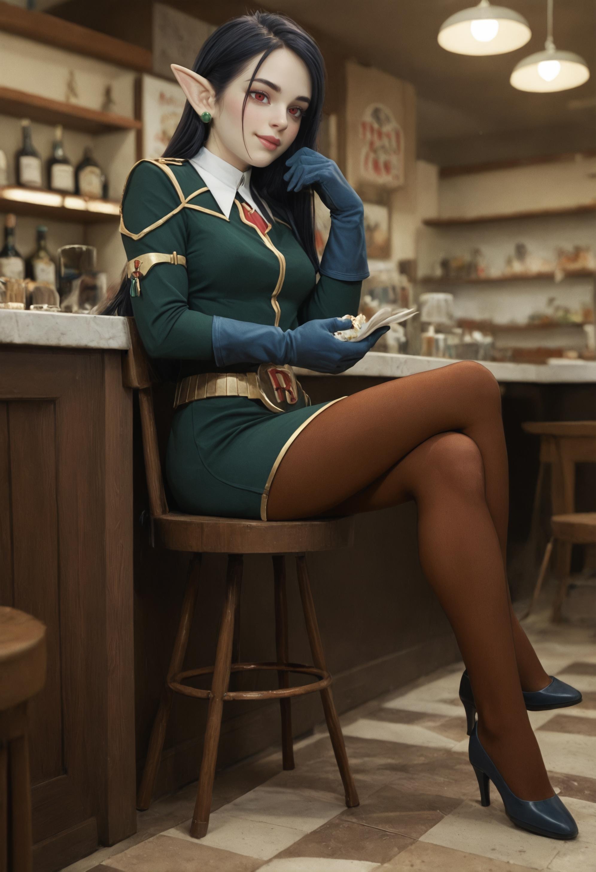 score_9, score_8_up, score_7_up, score_6_up, (seated), (in a bar), (crossed legs), full body, 1girl, (green skin:1.2), dutch angle, side view <lora:Robelu:0.9> robelu, pointy ears,colored skin, black hair, red eyes, pantyhose, uniform, 1girl, long hair, gloves, earrings BREAK  happy, shy, Intricate