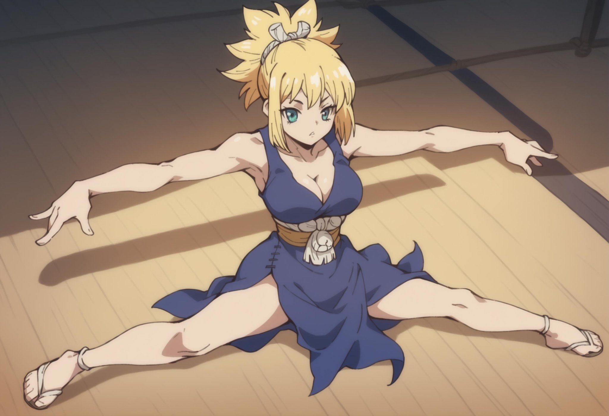 score_9, score_8_up, score_7_up, score_6_up, source_anime, full body, <lora:KohakuDrSton3:0.8>kohaku, blond, sheath, doing yoga, blue dress, in a dojo