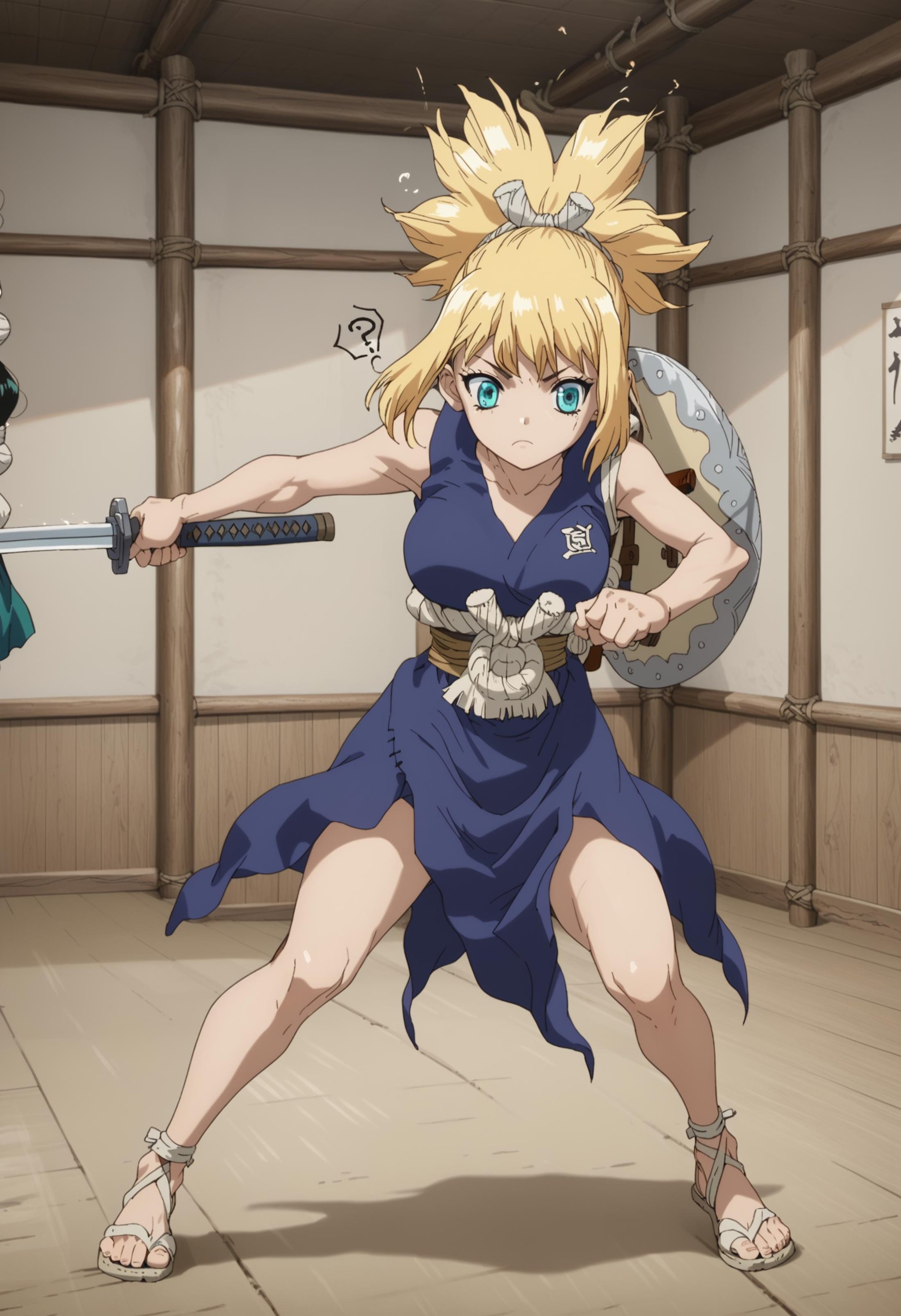 score_9, score_8_up, score_7_up, score_6_up, source_anime,full body, <lora:KohakuDrSton3:0.9> kohaku, blond, sheath, weapon, holding a sword, in a dojo