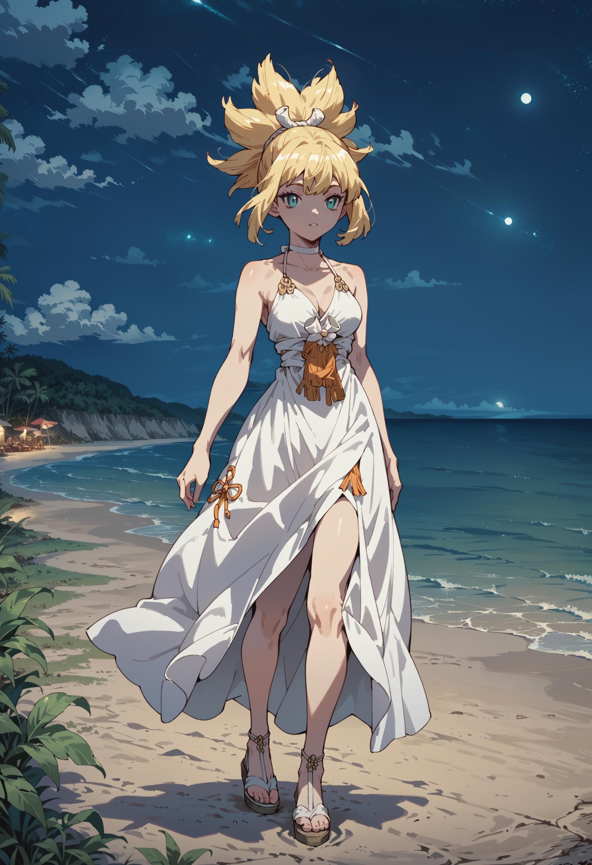 score_9, score_8_up, score_7_up, score_6_up, source_anime, full body, <lora:KohakuDrSton3:0.8>kohaku, blond,wearing white dress, walking in a beach, night