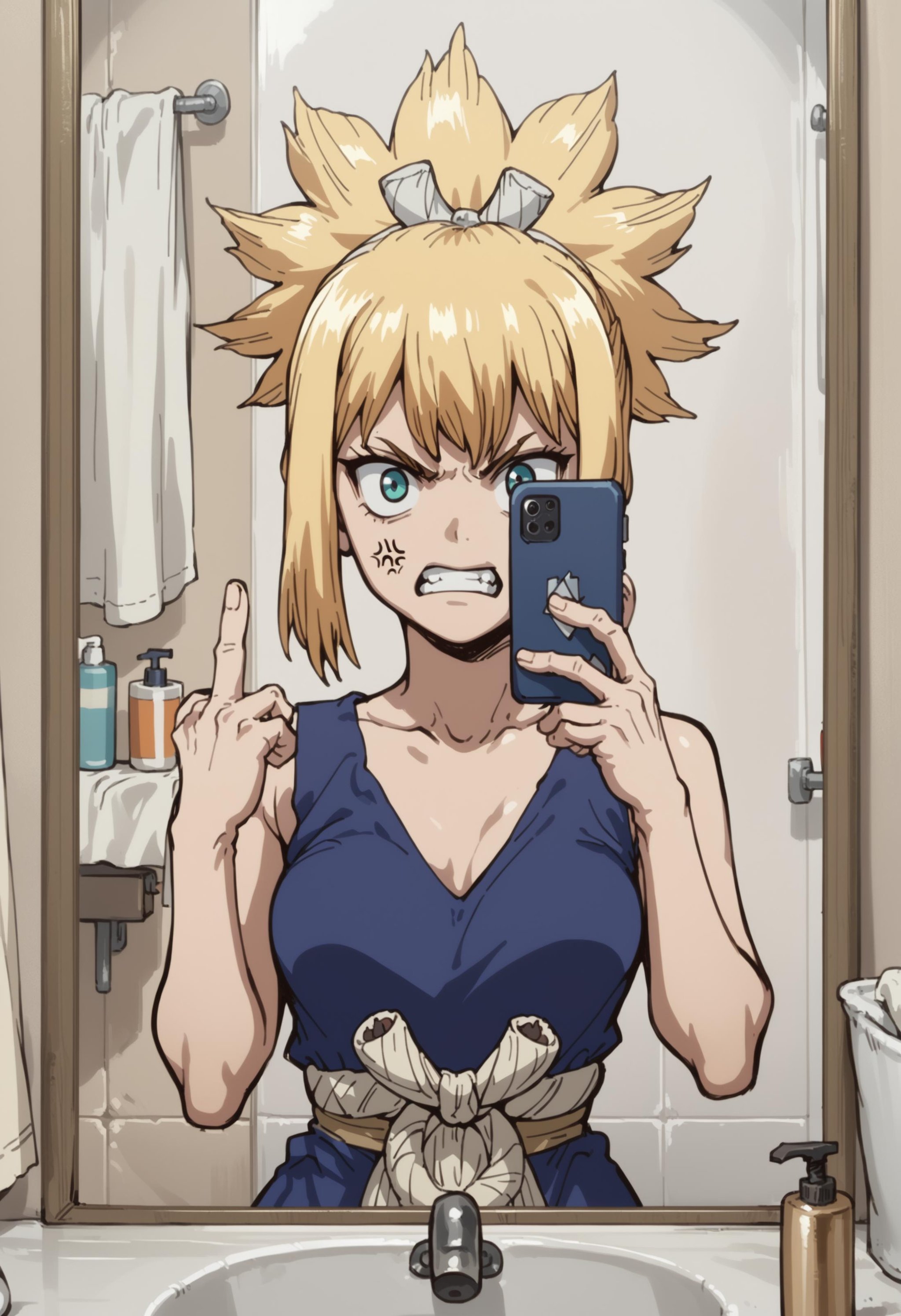 score_9, score_8_up, score_7_up, score_6_up, source_anime, <lora:KohakuDrSton3:0.9> kohaku, blond, angry, taking a selfie in mirror, in bathroom