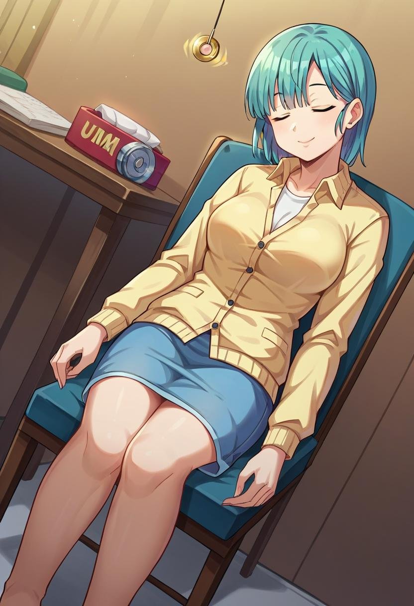 score_9,score_8_up, score_7_up, source_anime, rating_questionable, 1girl, solo, sl0uch1ng, bulma, sitting ,chair, closed_eyes, hypnosis, dutch_angle, <lora:Slouching_on_chair_-_Hypnosis-000008:0.5>