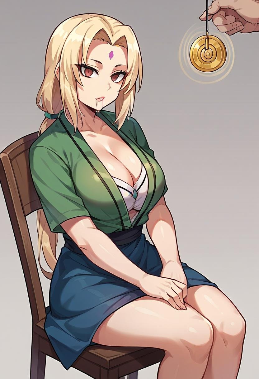 score_9,score_8_up, score_7_up, source_anime, rating_questionable, 1girl, solo, sl0uch1ng, tsunade, sitting ,chair, empty_eyes, blank_stare, empty_stare, drool, hypnosis, <lora:Slouching_on_chair_-_Hypnosis-000008:0.5>