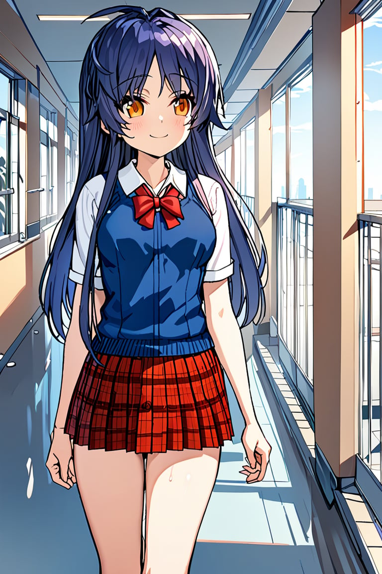 1girl, cowboy shot, walking, looking ahead, long hair, blue hair, (sidelocks), school uniform, red plaid skirt, blue sweater vest, white shirt, red bowtie, orange eyes, school hallway, smile, (masterpiece), high quality, high resolution, amberly