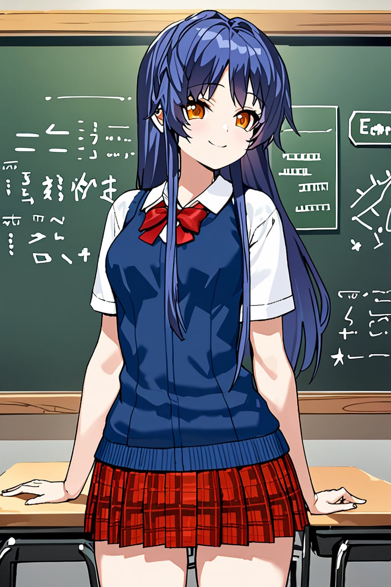 1girl, cowboy shot, standing, long hair, blue hair, (sidelocks), school uniform, red plaid skirt, (blue sweater vest:1.2), white shirt, red bowtie, orange eyes, green blackboard, chalkboard, smile, digital art, (masterpiece), high quality, high resolution, amberly