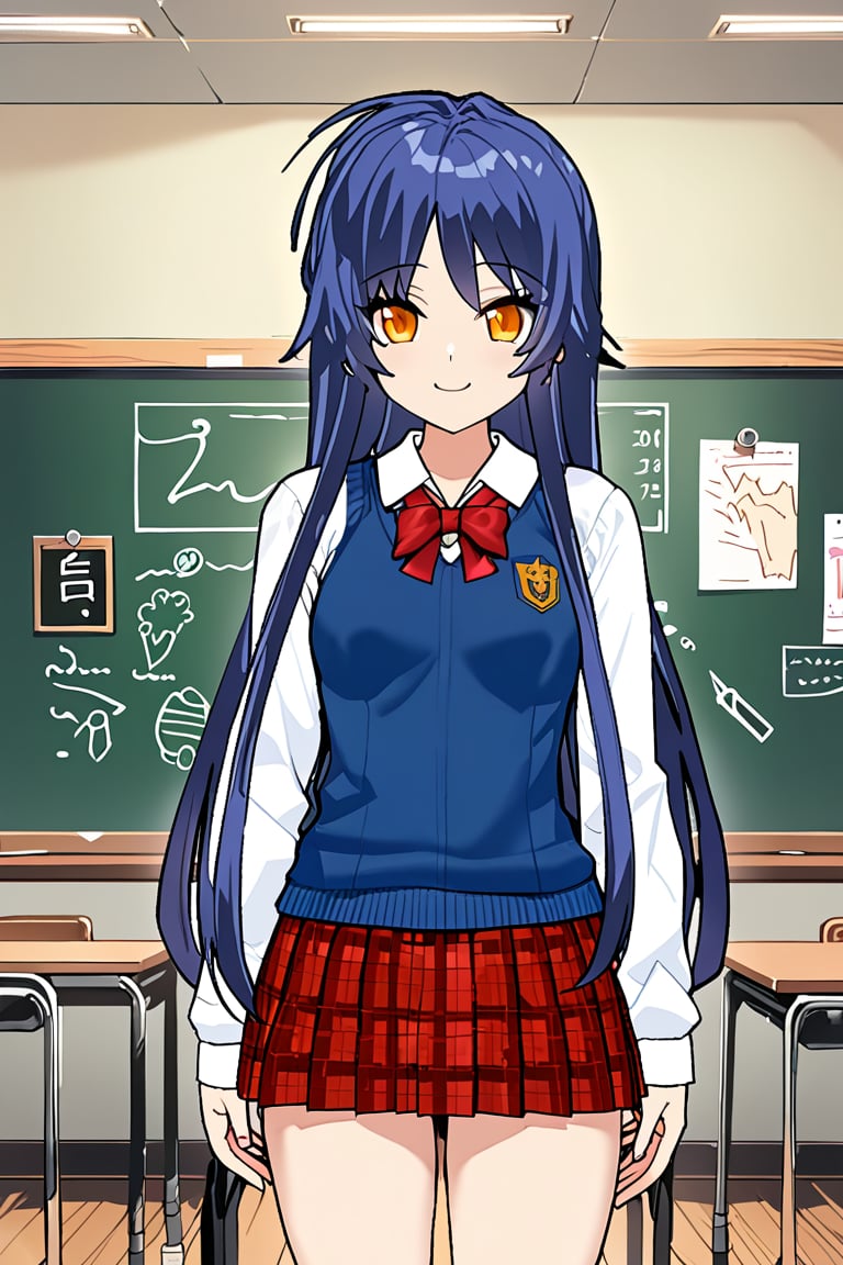 1girl, cowboy shot, standing, long hair, blue hair, (sidelocks:1.3), school uniform, red plaid skirt, (blue sweater vest:1.2), white shirt, red bowtie, orange eyes, green blackboard, chalkboard, smile, digital art, (masterpiece), high quality, high resolution, amberly