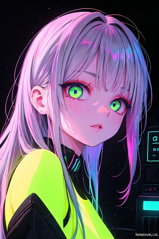 Close-up shot of a lone girl with long, flowing multicolored hair, her neon green eyes fixed intently on the viewer. She wears bright yellow clothing that seems to glow in the dark. Her facial expression is one of calculated sadism, as if she's savoring some private moment of power. The background is a bland, industrial gray, allowing her vibrant features to take center stage. Neon lights hum in the shadows, casting an eerie glow on her porcelain skin.