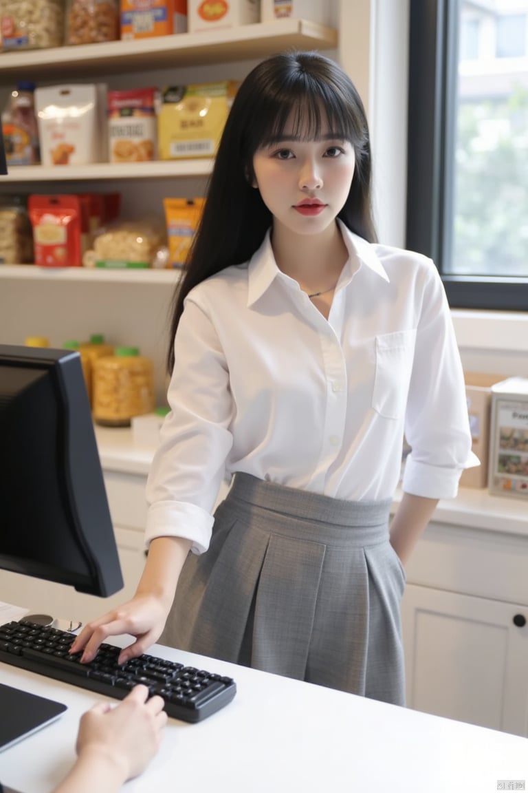 a model of a woman, dressed in a gray skirt and a white collared button-down shirt, is standing in front of a black cash register. The model, her long black hair cascades over her shoulders, adding a pop of color to the otherwise monochromatic scene. The cash register is positioned on a white countertop, with a black keyboard and monitor on it. The woman's left hand is resting on the cash register, while her right hand rests on the counter. The backdrop, a shelf, is filled with various snacks, and a window is visible in the background.