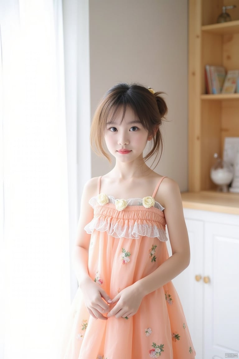 a young Asian girl stands in front of a window. She is wearing a peach-colored dress adorned with a floral pattern. Her hair is pulled back in a ponytail, adding a touch of brown to her face. Her eyes are a piercing blue, and her lips are pursed in a neutral expression. The backdrop is a stark white wall, with a wooden shelf to the right of the girl, and a white cabinet with a white knob on it.