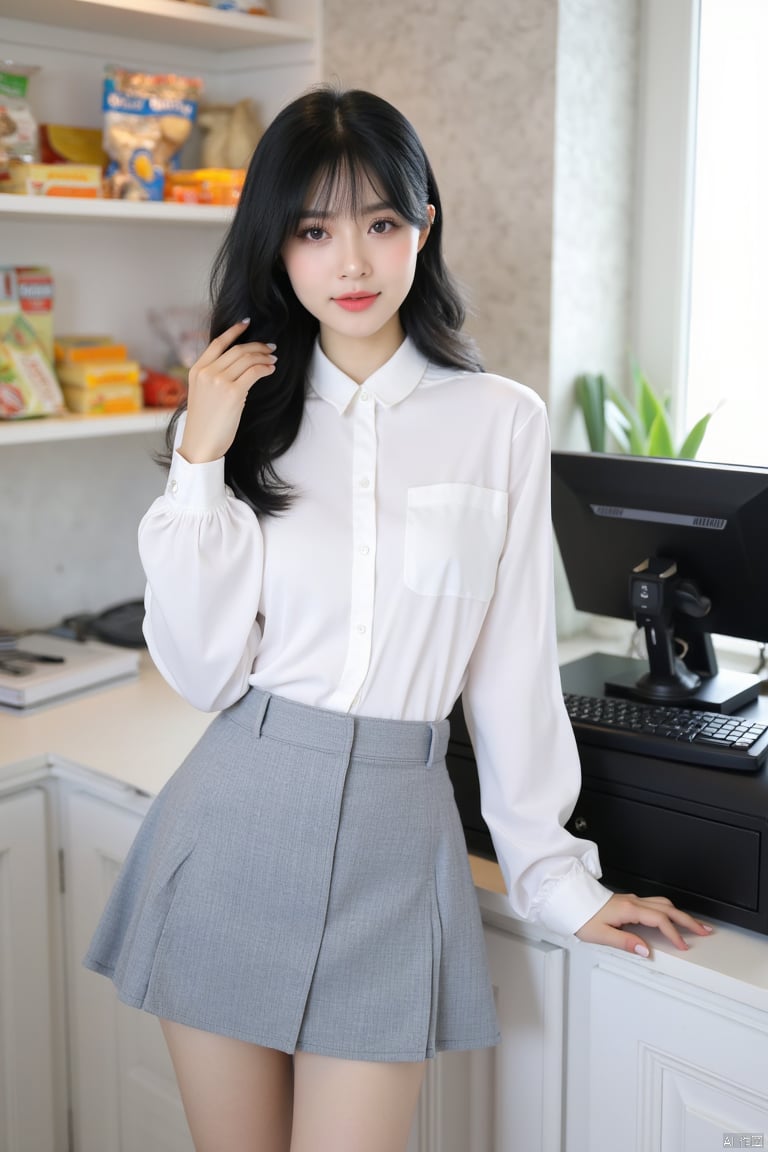 a woman, dressed in a gray skirt and a white collared button-down shirt, is standing in front of a black cash register. The model, her long black hair cascades over her shoulders, adding a pop of color to the otherwise monochromatic scene. The cash register is positioned on a white countertop, with a black keyboard and monitor on it. The woman's left hand is resting on the cash register, while her right hand rests on the counter. The backdrop, a shelf, is filled with various snacks, and a window is visible in the background.