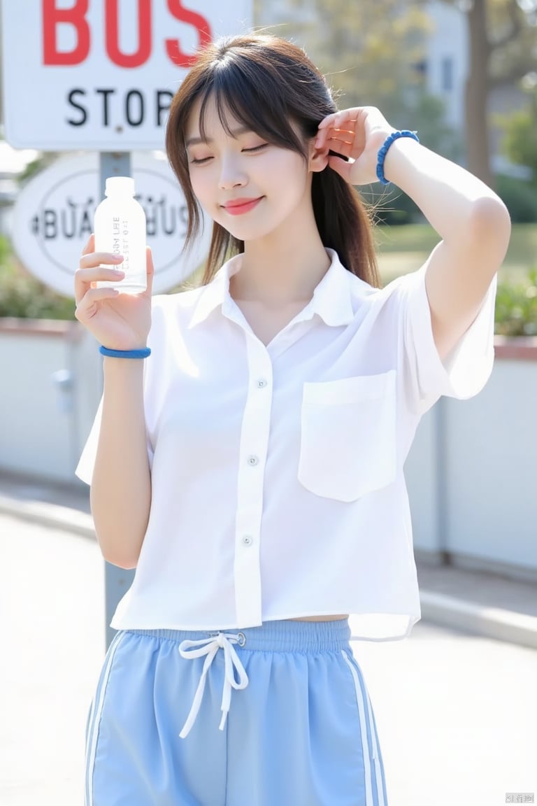 a young Asian woman stands in front of a bus stop sign. She is dressed in a white button-down shirt, a short-sleeved blouse, and light blue pants with a white stripe down the side. Her hair is pulled back in a ponytail, and she is holding a white plastic bottle in her left hand. Her eyes are closed, and her lips are slightly parted, as if she is smiling. She has a blue bracelet on her left wrist, and a blue band on her right wrist. The background of the image is blurred, but it is a sunny day.