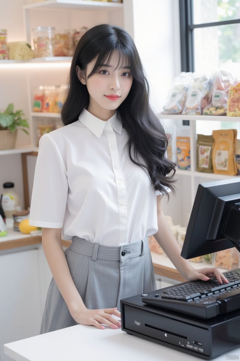 a woman, dressed in a gray skirt and a white collared button-down shirt, is standing in front of a black cash register. The model, her long black hair cascades over her shoulders, adding a pop of color to the otherwise monochromatic scene. The cash register is positioned on a white countertop, with a black keyboard and monitor on it. The woman's left hand is resting on the cash register, while her right hand rests on the counter. The backdrop, a shelf, is filled with various snacks, and a window is visible in the background.