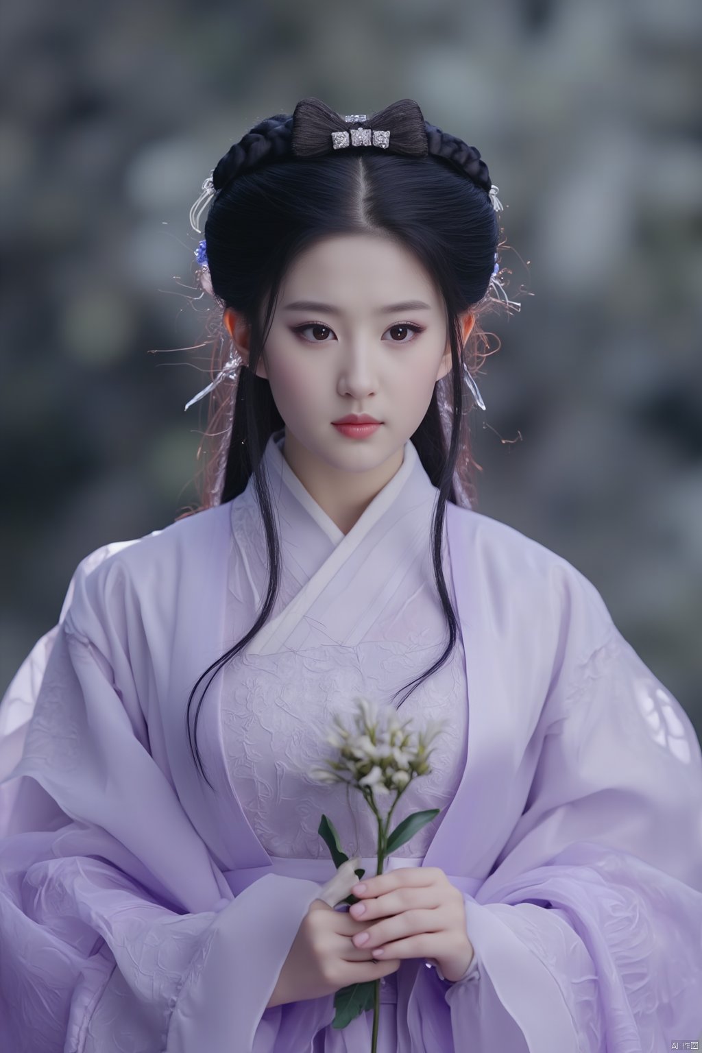 Best quality, Realistic, photorealistic, masterpiece,1girl,black hair,hanfu,(flower:1.5),realistic,hair ornament,chinese clothes,(light purple dress:1.39),black eyes,long sleeves,holding,holding flower,,hanfu,cho girl, longfeihanfu,looking at viewer,(huge breasts:1.79),,Xxiaolongnv,Xsutaner,Xyunxiao,Xningyao