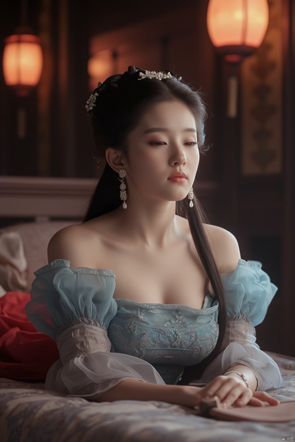 Best quality, Realistic, photorealistic, masterpiece,1girl, (Lace red|blue skirt:1.39), on Stomach, lying down, bed,aqua_earrings,Lights, lanterns, chang,(big breasts:1.89),hanfu, antique cheongsam, Chinese round fans, ,Xxiaolongnv,Xsutaner,Xyunxiao,Xningyao