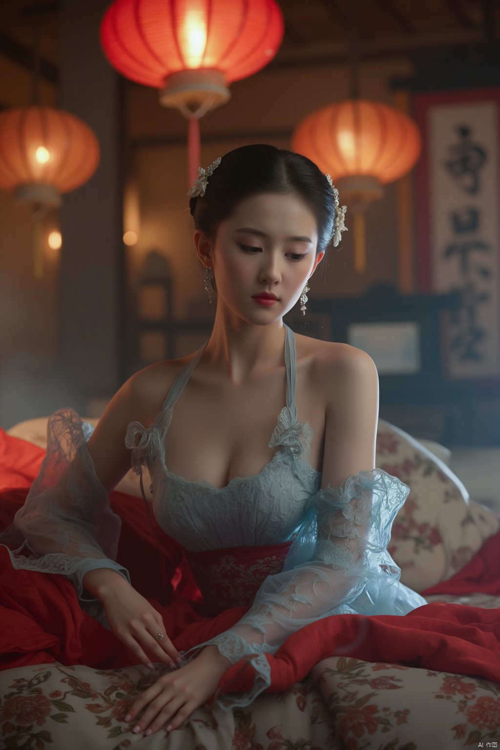 Best quality, Realistic, photorealistic, masterpiece,1girl, (Lace red|blue skirt:1.39), on Stomach, lying down, bed,aqua_earrings,Lights, lanterns, chang,(big breasts:1.89),hanfu, antique cheongsam, Chinese round fans, ,Xxiaolongnv,Xsutaner,Xyunxiao,Xningyao