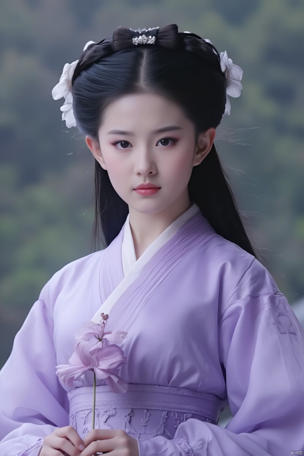 Best quality, Realistic, photorealistic, masterpiece,1girl,black hair,hanfu,(flower:1.5),realistic,hair ornament,chinese clothes,(light purple dress:1.39),black eyes,long sleeves,holding,holding flower,,hanfu,cho girl, longfeihanfu,looking at viewer,(huge breasts:1.79),,Xxiaolongnv,Xsutaner,Xyunxiao,Xningyao