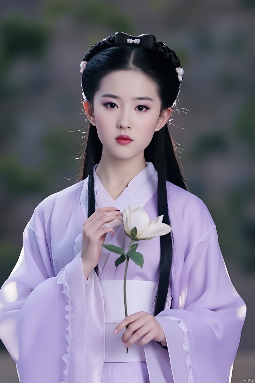 Best quality, Realistic, photorealistic, masterpiece,1girl,black hair,hanfu,(flower:1.5),realistic,hair ornament,chinese clothes,(light purple dress:1.39),black eyes,long sleeves,holding,holding flower,,hanfu,cho girl, longfeihanfu,looking at viewer,(huge breasts:1.79),,Xxiaolongnv,Xsutaner,Xyunxiao,Xningyao